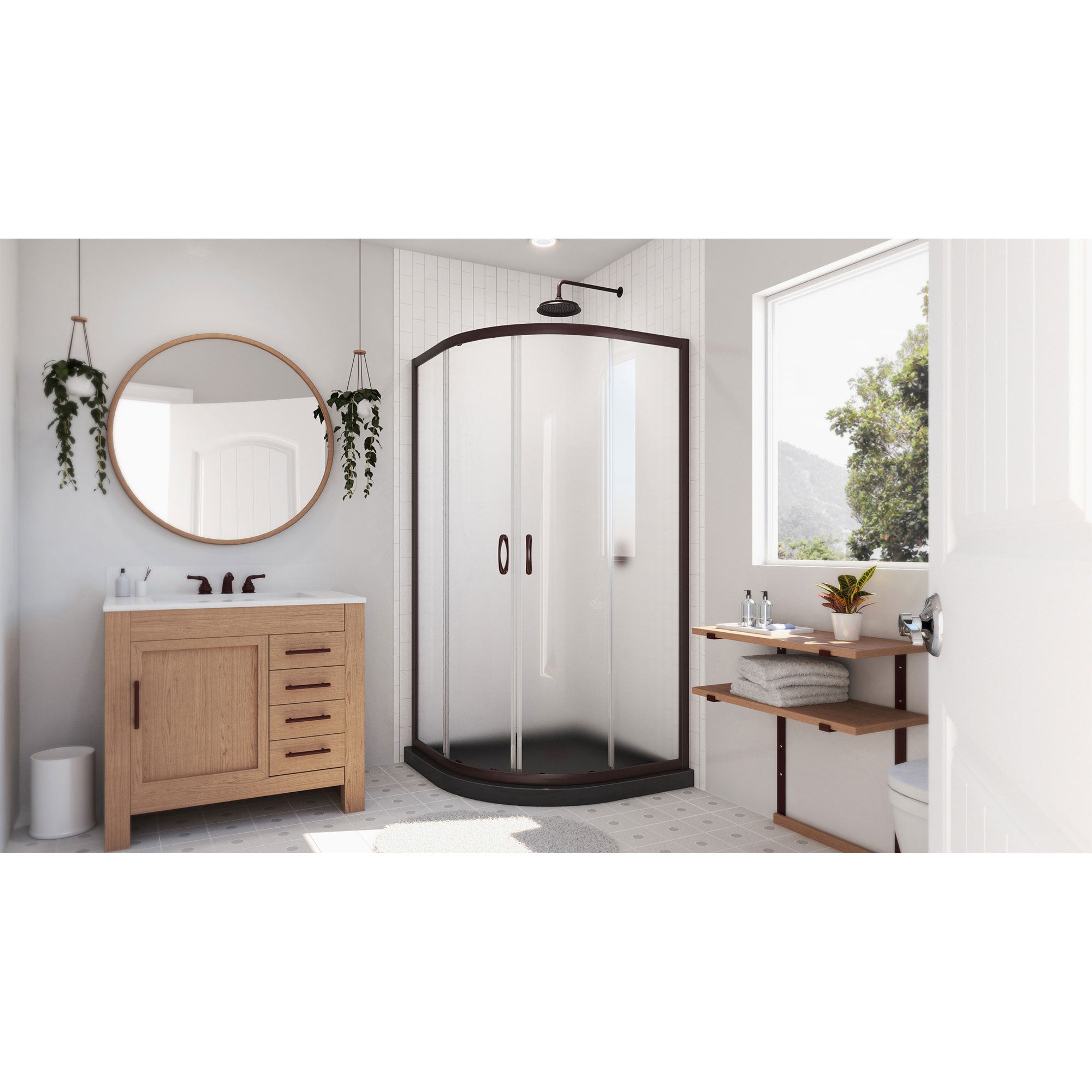 DreamLine Prime 33 inch D x 33 inch W x 74 3/4 inch H Semi-Frameless Sliding Frosted Shower Enclosure with Shower Base Kit