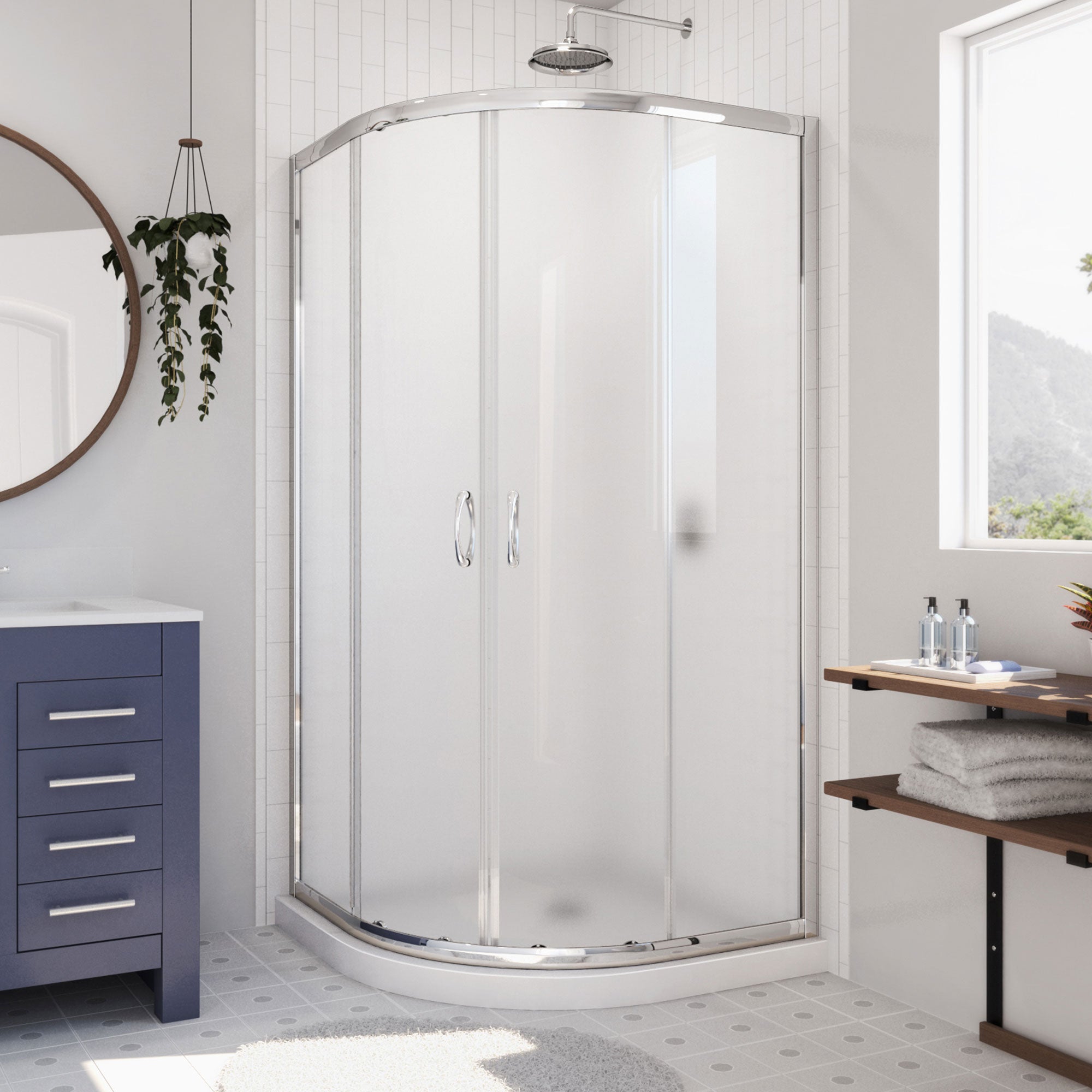 DreamLine Prime 36 inch D x 36 inch W x 74 3/4 inch H Semi-Frameless Sliding Frosted Shower Enclosure with Shower Base Kit