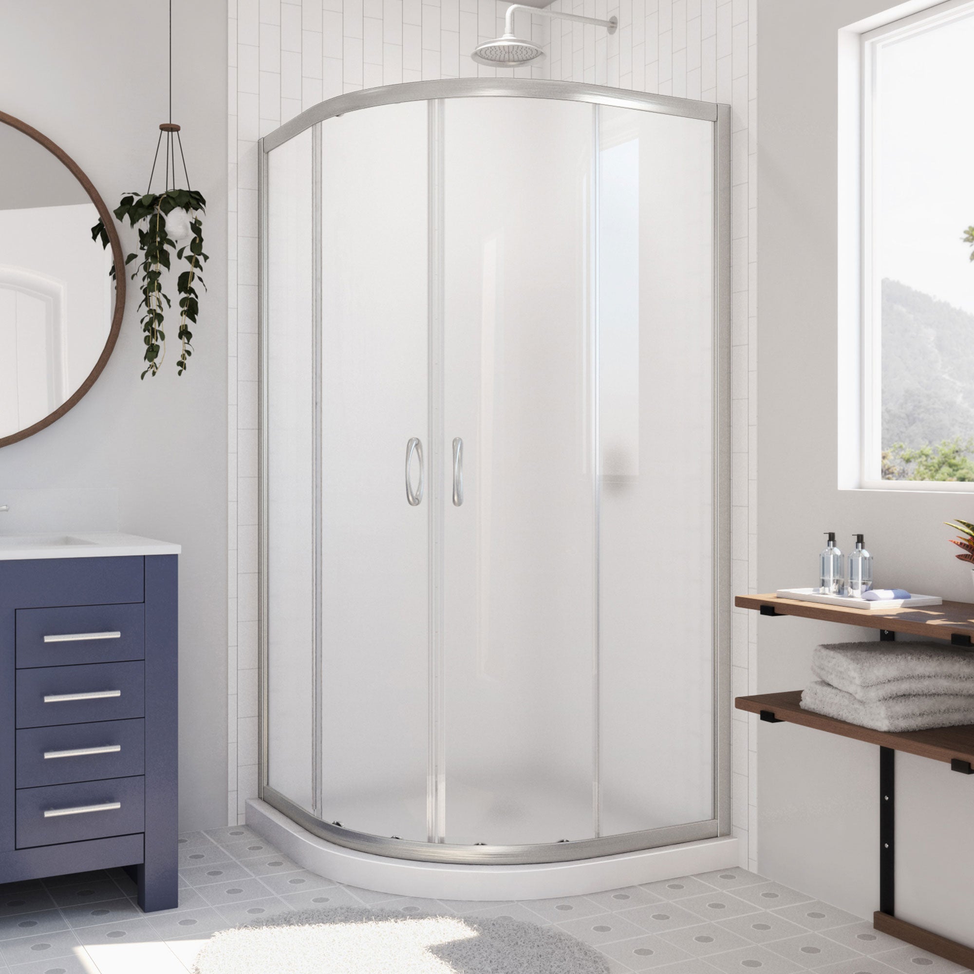 DreamLine Prime 36 inch D x 36 inch W x 74 3/4 inch H Semi-Frameless Sliding Frosted Shower Enclosure with Shower Base Kit