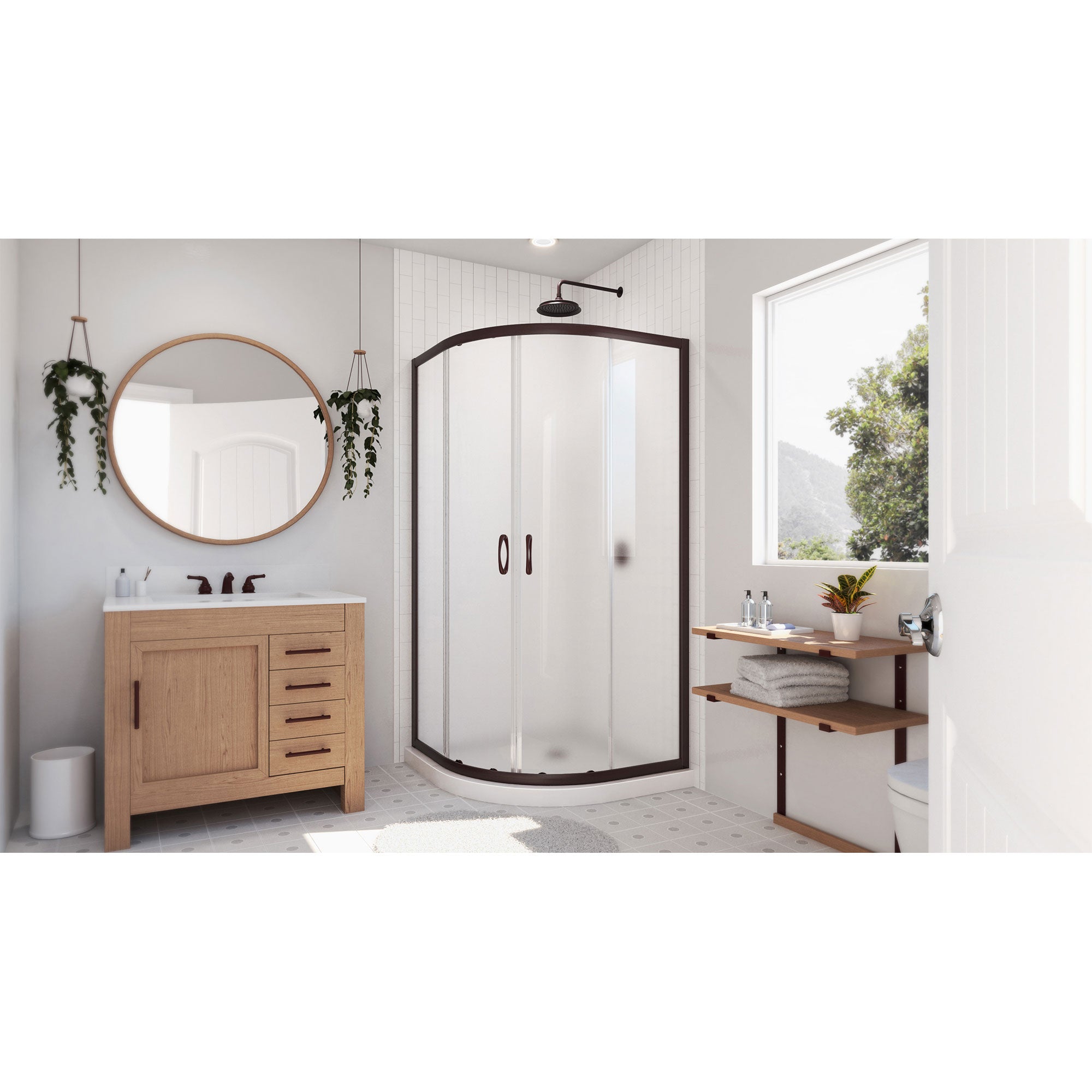 DreamLine Prime 33 inch D x 33 inch W x 74 3/4 inch H Semi-Frameless Sliding Frosted Shower Enclosure with Shower Base Kit