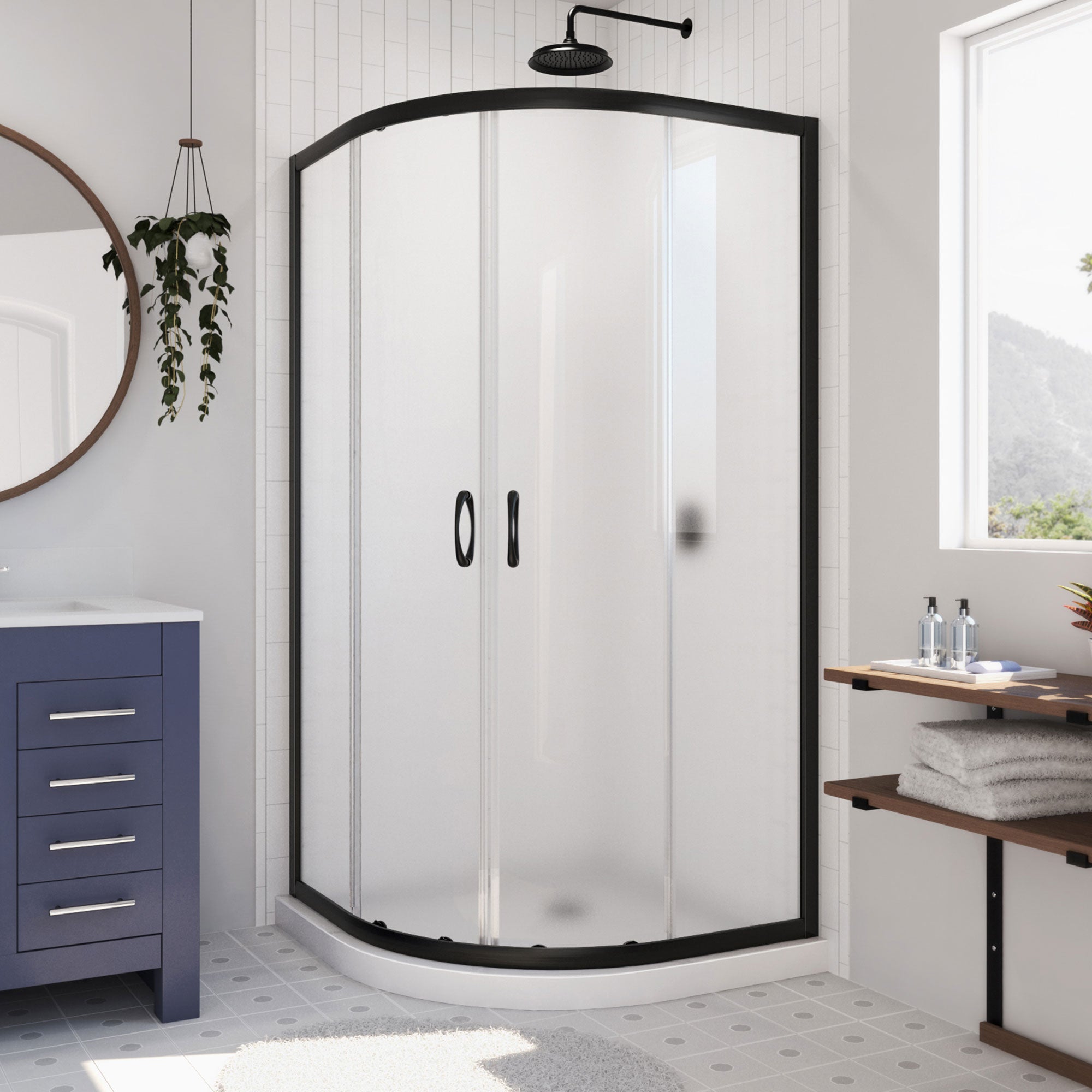 DreamLine Prime 33 inch D x 33 inch W x 74 3/4 inch H Semi-Frameless Sliding Frosted Shower Enclosure with Shower Base Kit