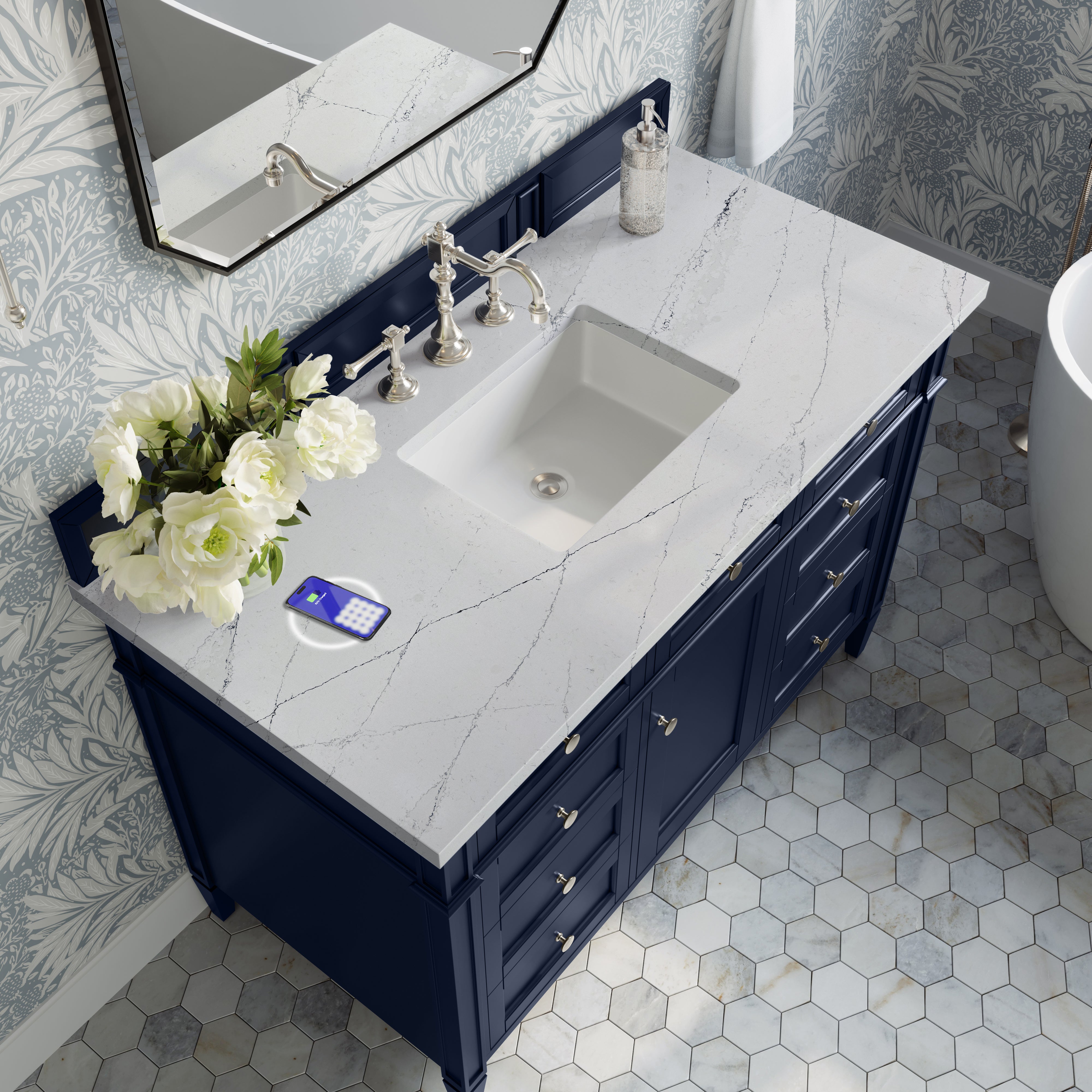 James Martin Brittany 48" Single Vanity in Victory Bleu with 3cm Countertop and FreePower Wireless Charger