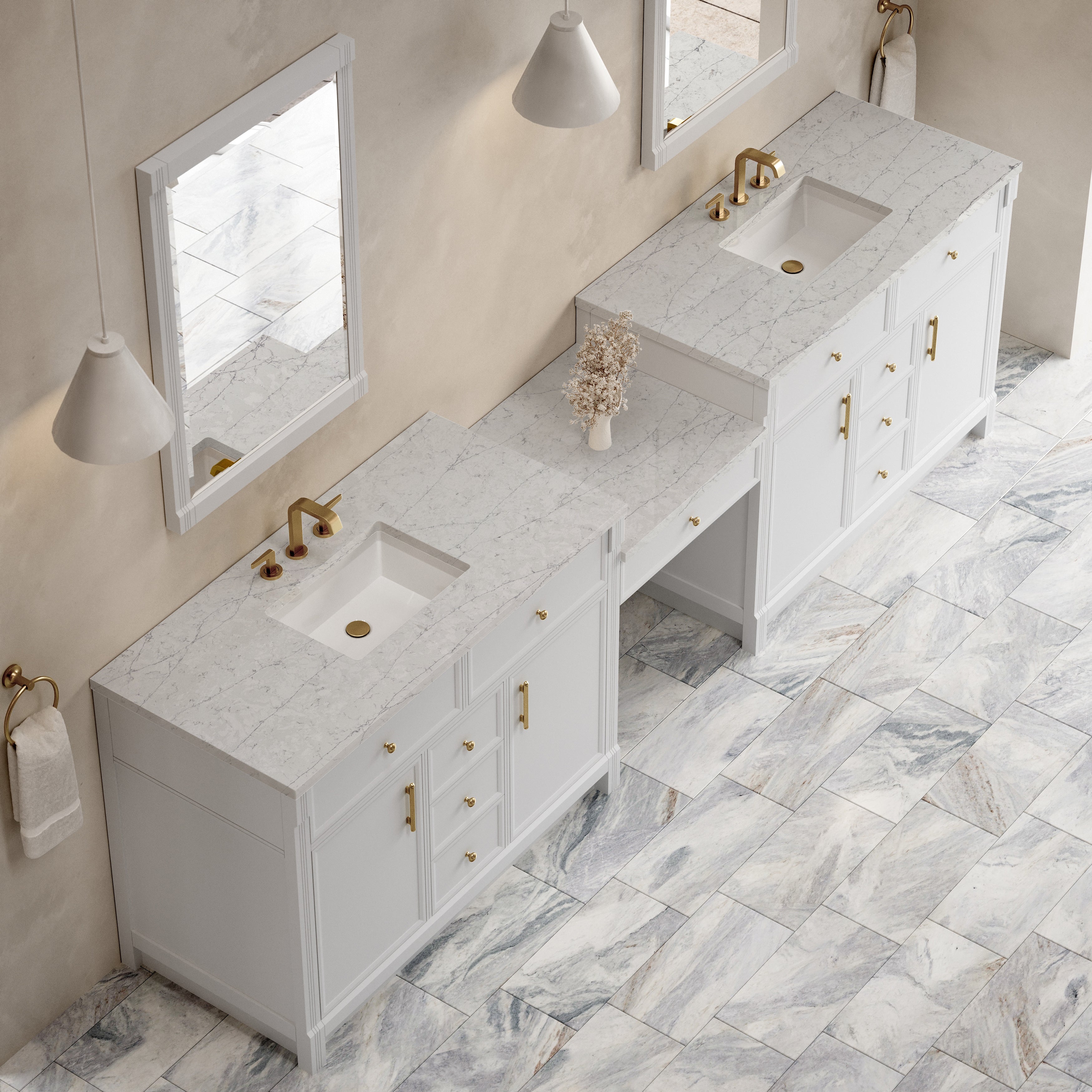 James Martin Bellshire 120" Dual Vanity Set with 24" Make-Up Counter in Bright White with 3cm Countertop
