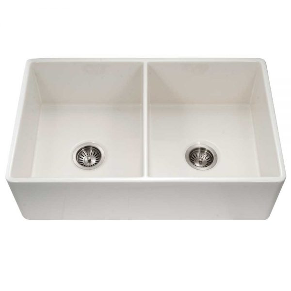 Houzer Platus 33" Fireclay Apron Front Farmhouse 50/50 Double Bowl Kitchen Sink