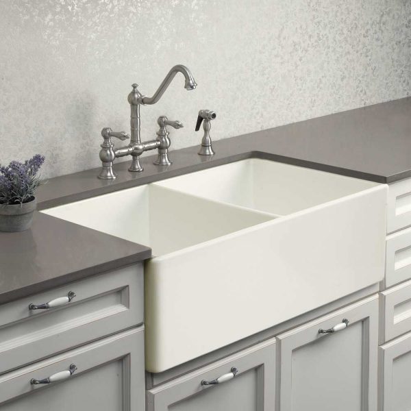 Houzer Platus 33" Fireclay Apron Front Farmhouse 50/50 Double Bowl Kitchen Sink