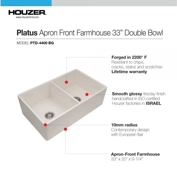 Houzer Platus 33" Fireclay Apron Front Farmhouse 50/50 Double Bowl Kitchen Sink