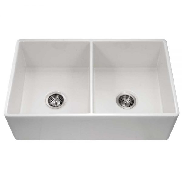 Houzer Platus 33" Fireclay Apron Front Farmhouse 50/50 Double Bowl Kitchen Sink
