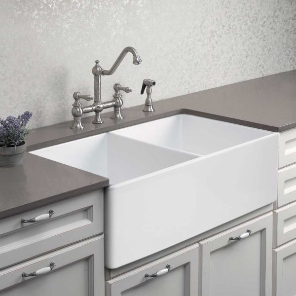 Houzer Platus 33" Fireclay Apron Front Farmhouse 50/50 Double Bowl Kitchen Sink