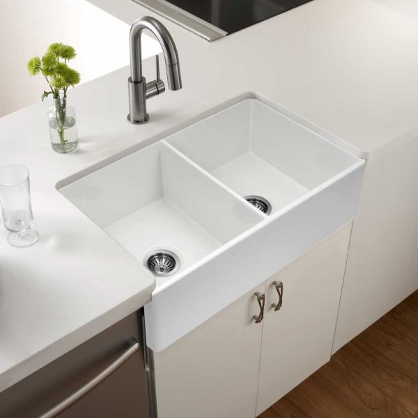 Houzer Platus 33" Fireclay Apron Front Farmhouse 50/50 Double Bowl Kitchen Sink
