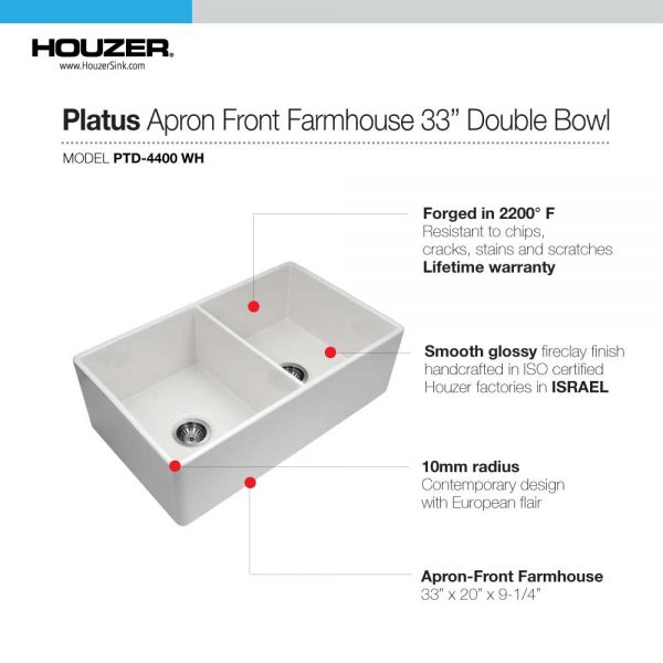 Houzer Platus 33" Fireclay Apron Front Farmhouse 50/50 Double Bowl Kitchen Sink