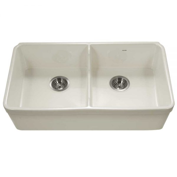 Houzer Platus 32" Fireclay Apron Front Farmhouse 50/50 Double Bowl Kitchen Sink with Low Divider