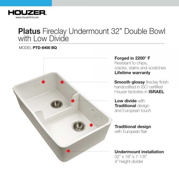 Houzer Platus 32" Fireclay Apron Front Farmhouse 50/50 Double Bowl Kitchen Sink with Low Divider