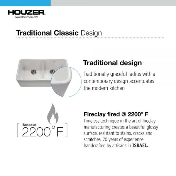 Houzer Platus 32" Fireclay Apron Front Farmhouse 50/50 Double Bowl Kitchen Sink with Low Divider