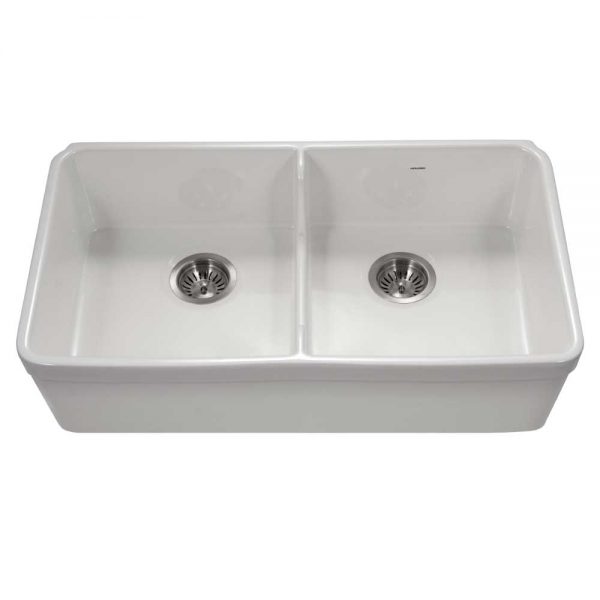 Houzer Platus 32" Fireclay Apron Front Farmhouse 50/50 Double Bowl Kitchen Sink with Low Divider