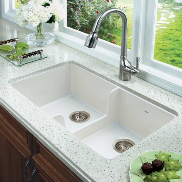 Houzer Platus 32" Fireclay Apron Front Farmhouse 50/50 Double Bowl Kitchen Sink with Low Divider
