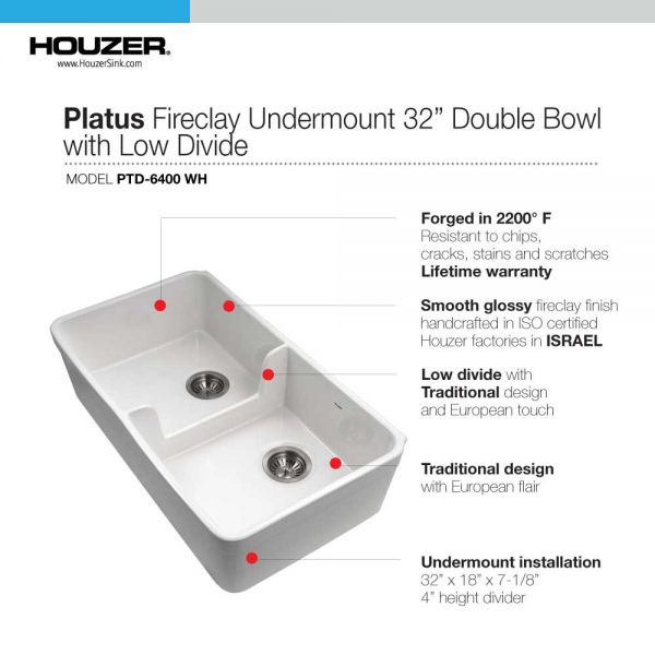 Houzer Platus 32" Fireclay Apron Front Farmhouse 50/50 Double Bowl Kitchen Sink with Low Divider