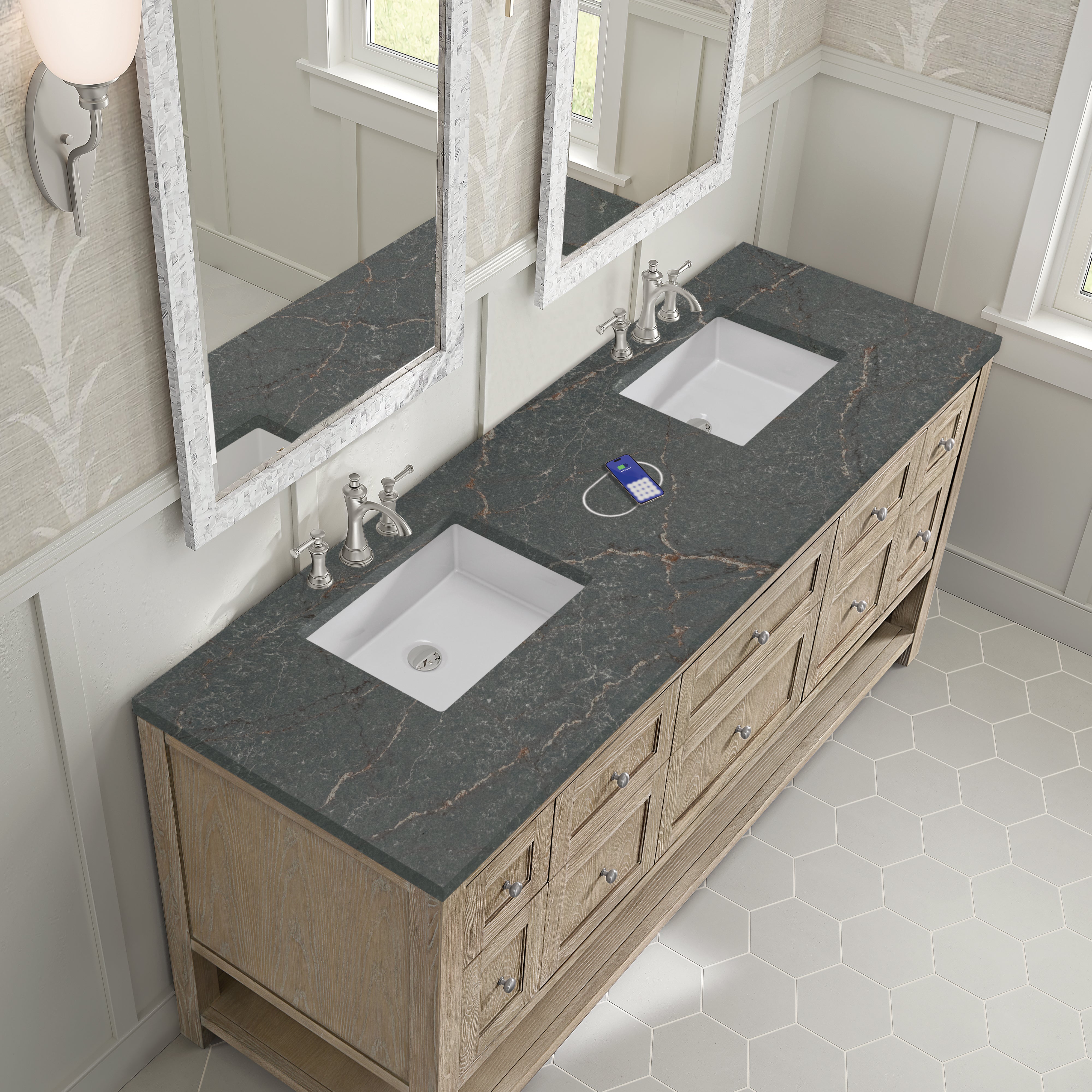 James Martin Breckenridge 72" Double Vanity in Whitewashed Oak with 3cm Countertop and FreePower Wireless Charger