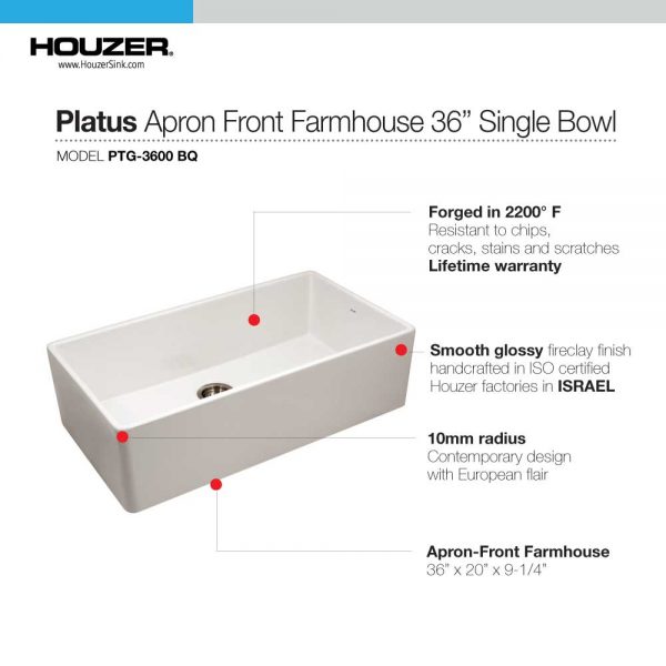 Houzer Platus 36" Fireclay Apron Front Farmhouse Single Bowl Kitchen Sink