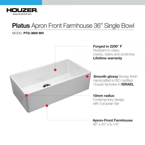 Houzer Platus 36" Fireclay Apron Front Farmhouse Single Bowl Kitchen Sink