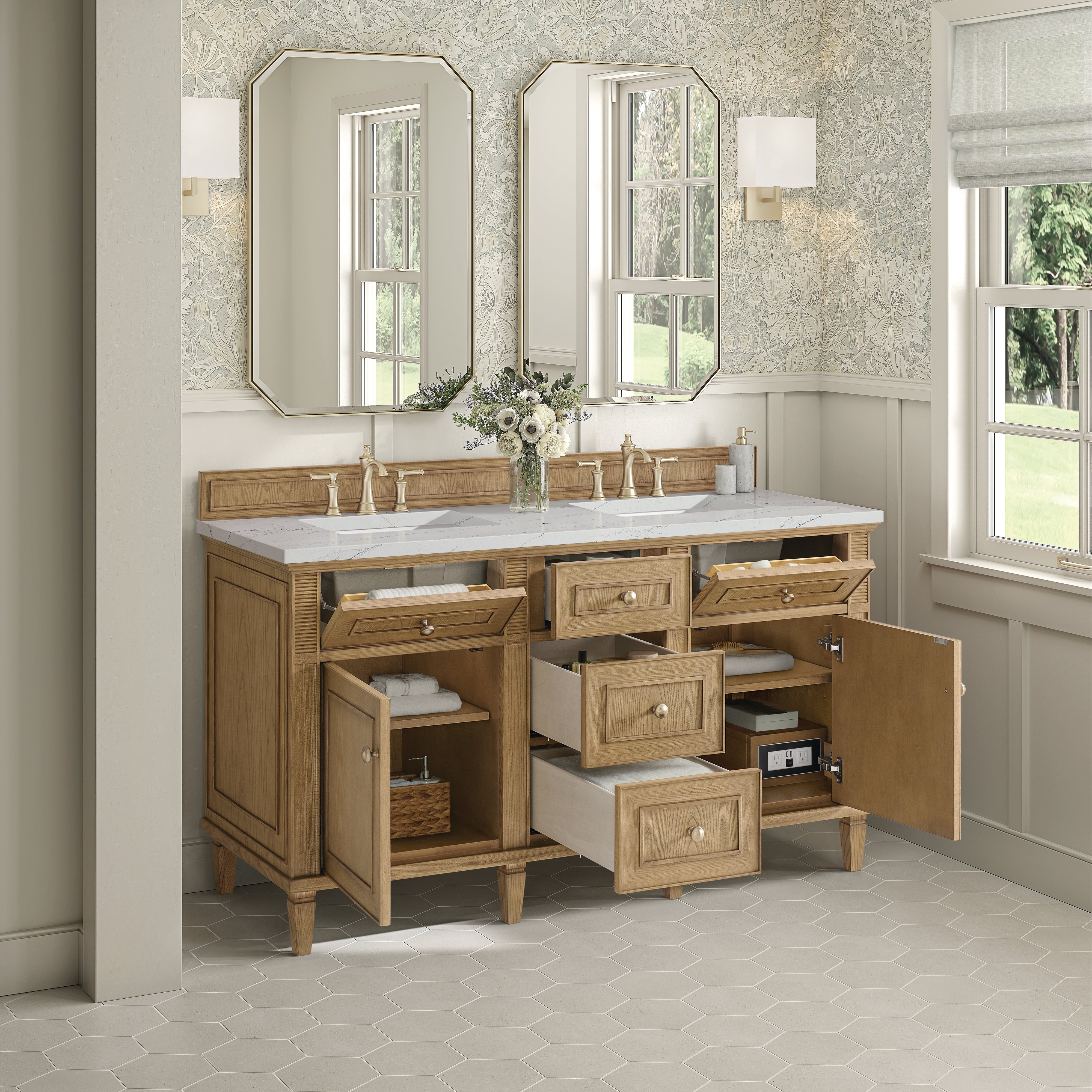 James Martin Lorelai 60" Double Vanity in Light Natural Oak with 3cm Countertop and FreePower Wireless Charger