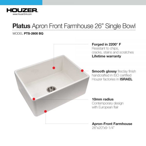 Houzer Platus 26" Fireclay Apron Front Farmhouse Single Bowl Kitchen Sink