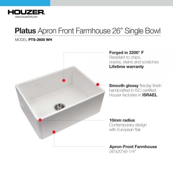 Houzer Platus 26" Fireclay Apron Front Farmhouse Single Bowl Kitchen Sink