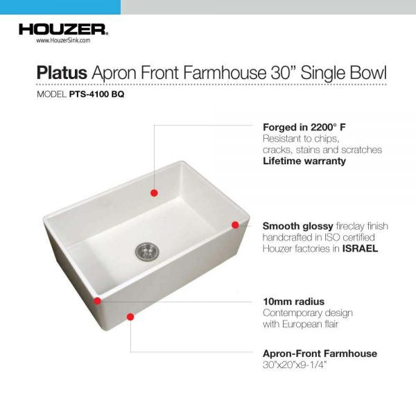 Houzer Platus 30 inch White Fireclay Apron Front Farmhouse Single Bowl Kitchen Sink - PTS-4100 WH