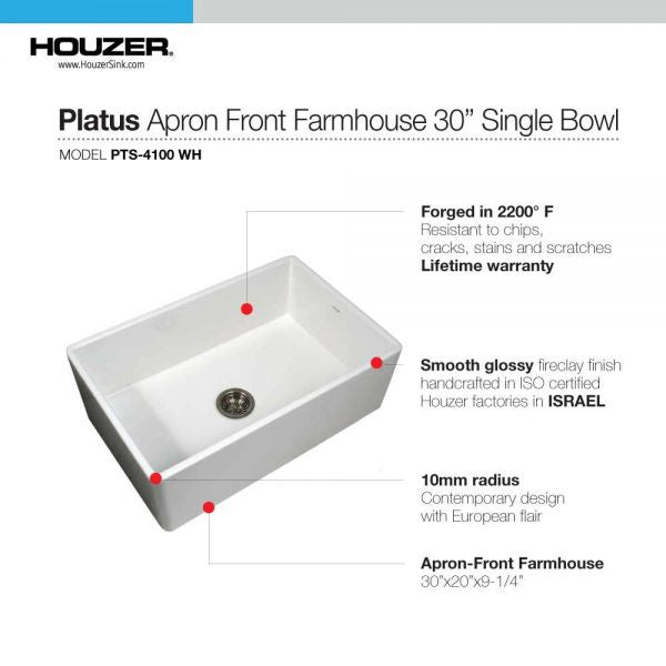 Houzer Platus 30 inch White Fireclay Apron Front Farmhouse Single Bowl Kitchen Sink - PTS-4100 WH