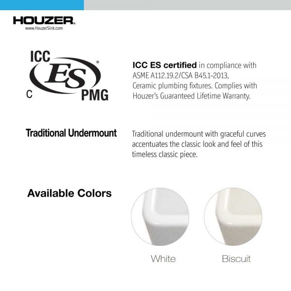 Houzer Platus 24" Fireclay Undermount Single Bowl Kitchen Sink