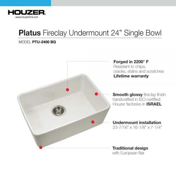 Houzer Platus 24" Fireclay Undermount Single Bowl Kitchen Sink