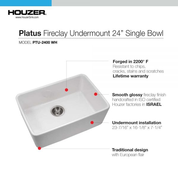 Houzer Platus 24" Fireclay Undermount Single Bowl Kitchen Sink