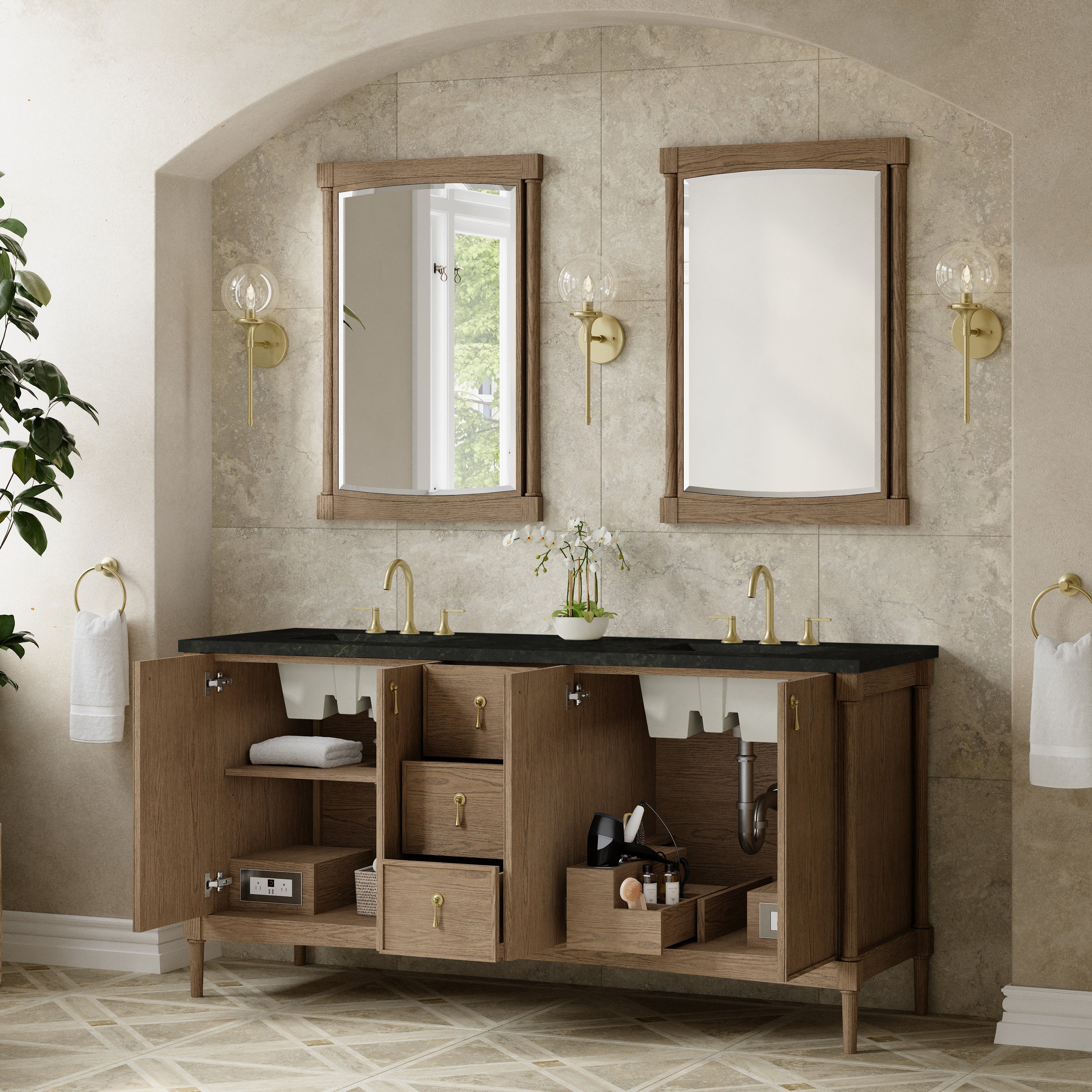 James Martin Kinnsden 72" Double Vanity in Weathered Oak with 3cm Carrara Marble Top
