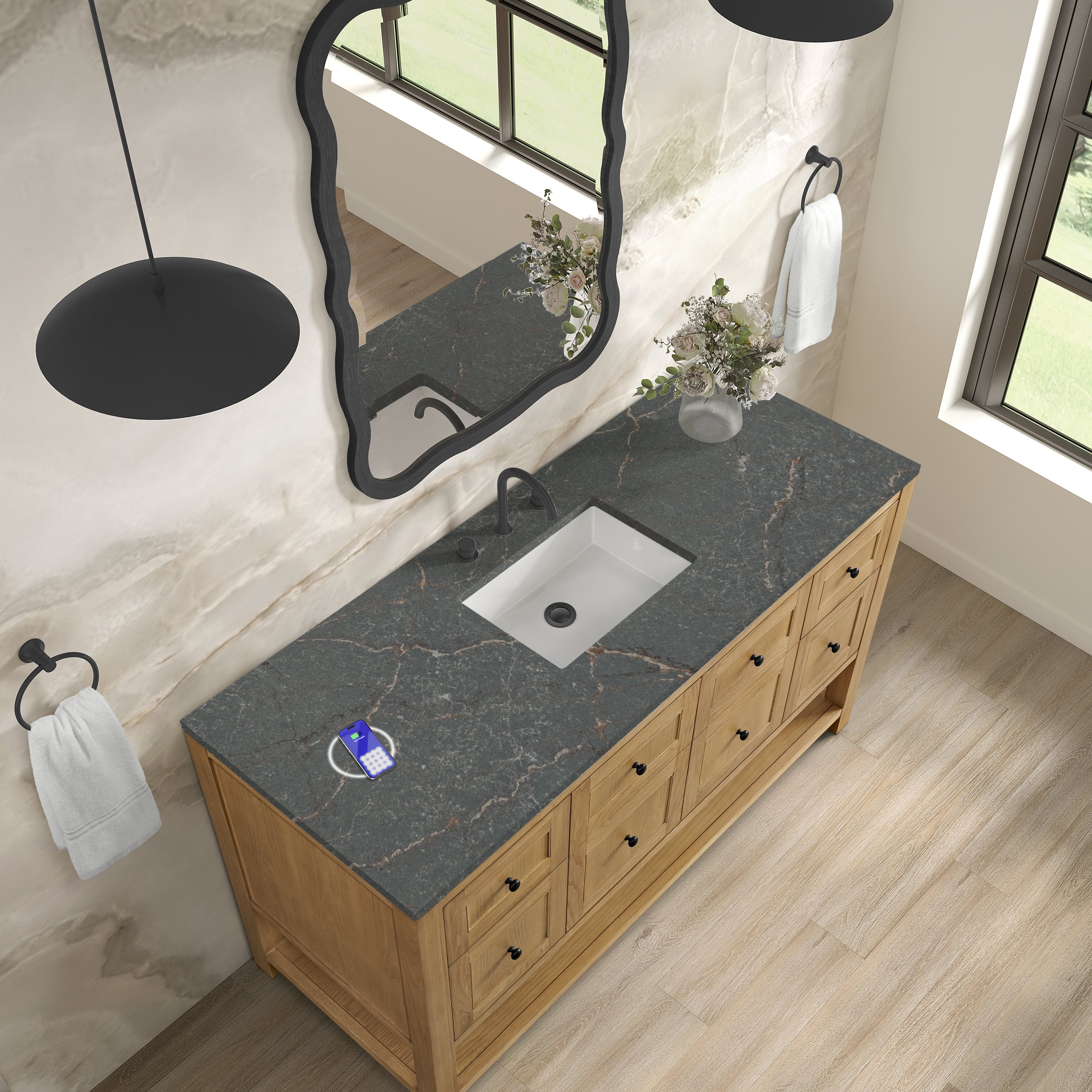 James Martin Breckenridge 60" Single Vanity in Light Natural Oak with 3cm Countertop and FreePower Wireless Charger