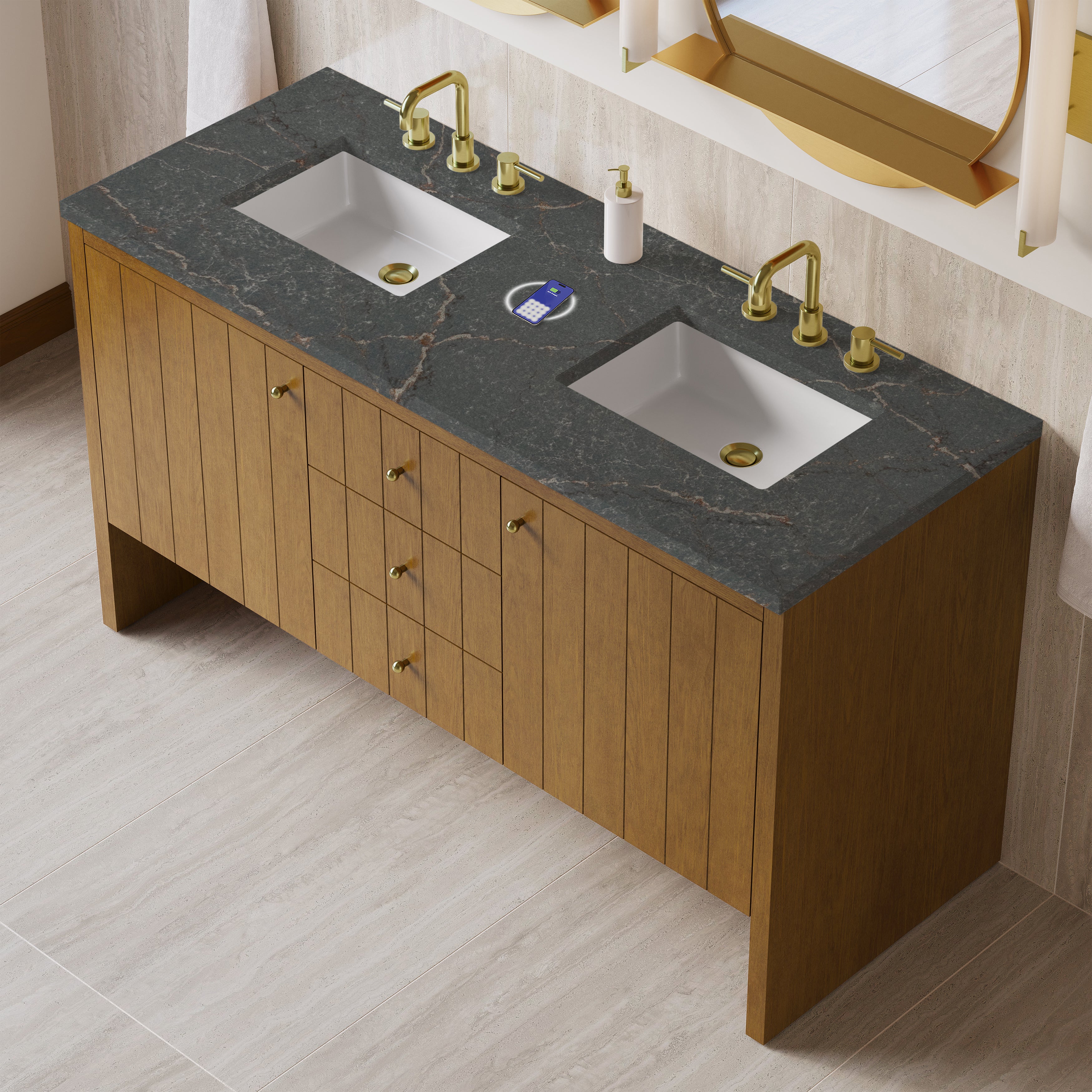 James Martin Hudson 60" Double Vanity in Honey Oak with 3cm Countertop and FreePower Wireless Charger