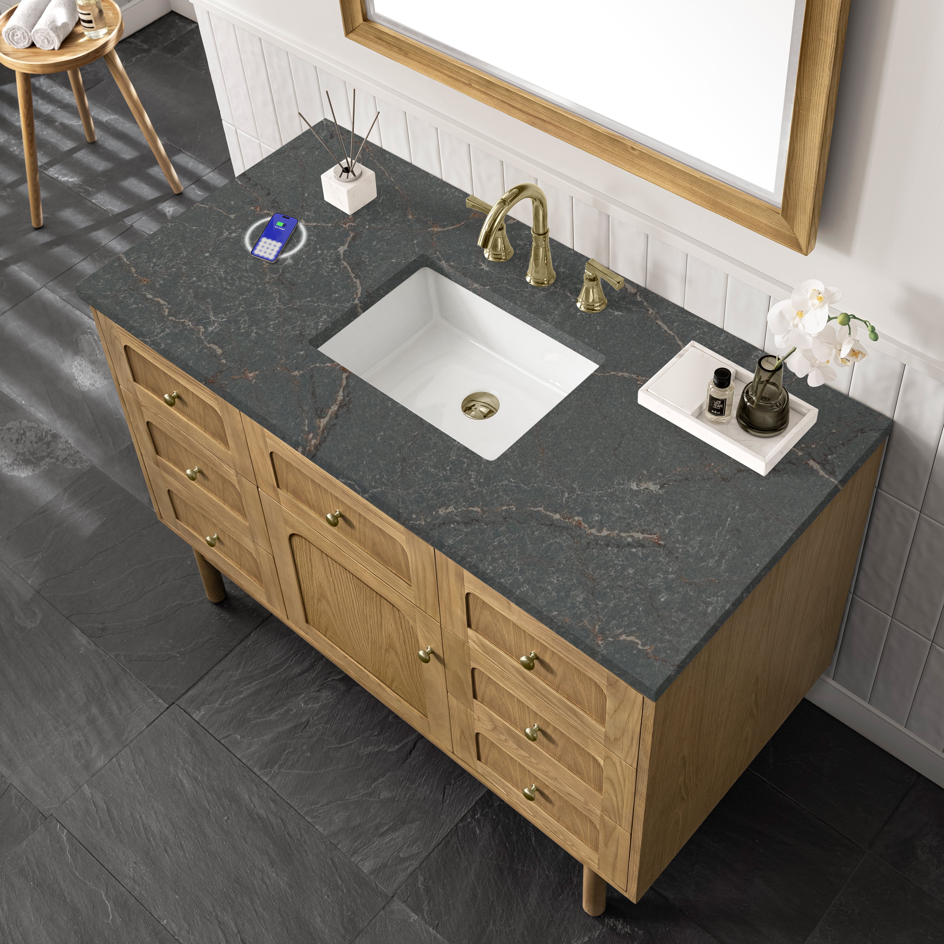James Martin Laurent 48" Single Vanity in Light Natural Oak with 3cm Countertop and FreePower Wireless Charger