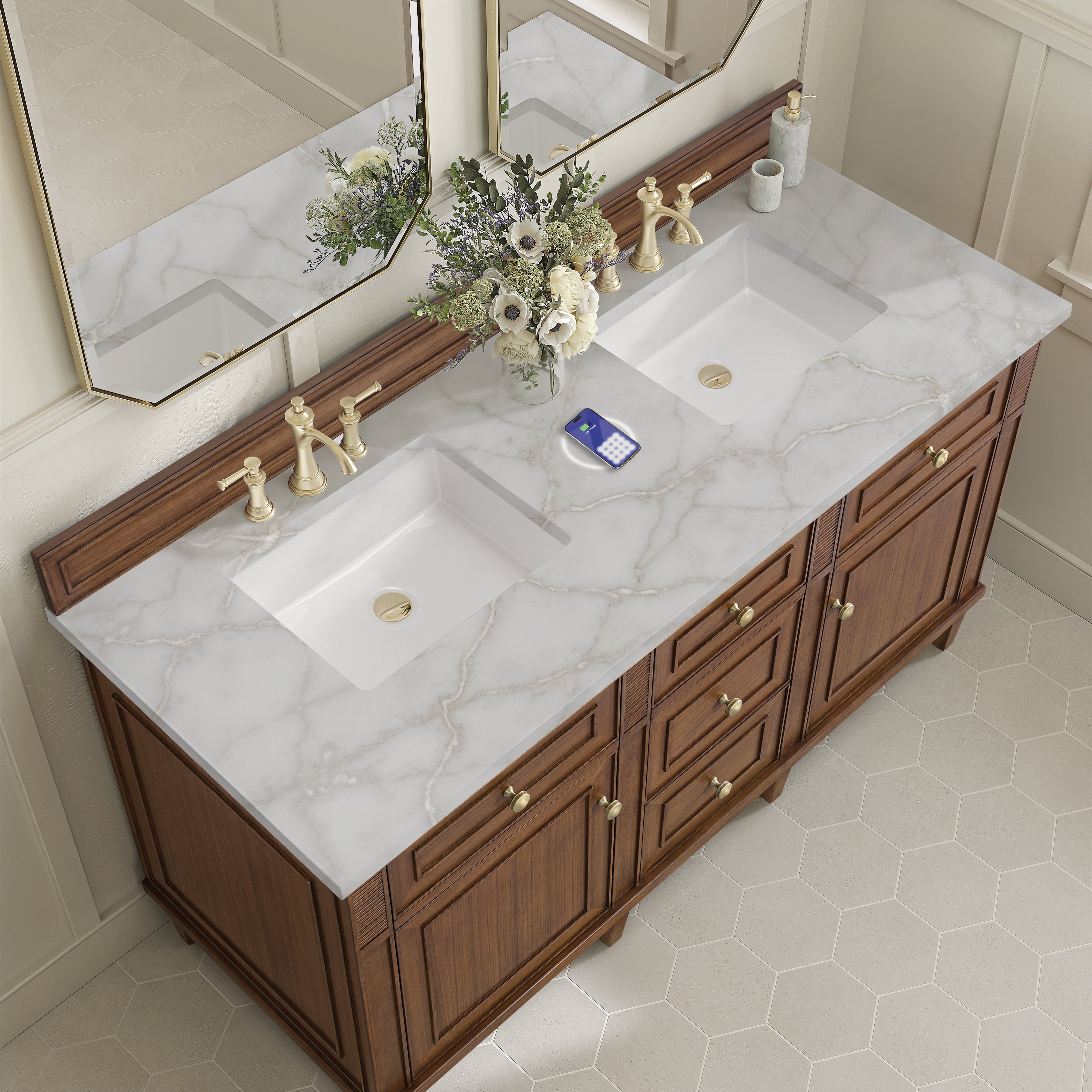 James Martin Lorelai 60" Double Vanity in Mid-Century Walnut with 3cm Countertop and FreePower Wireless Charger