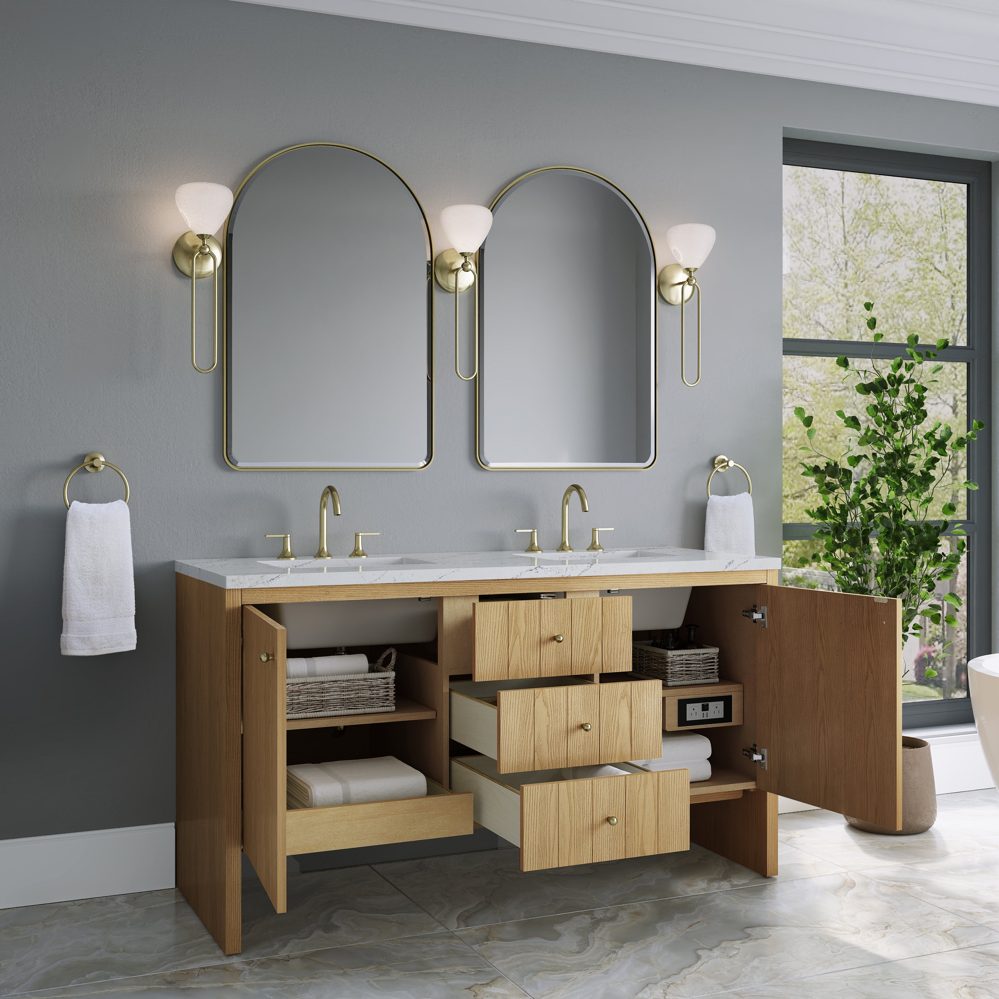 James Martin Hudson 60" Double Vanity in Light Natural Oak with 3cm Countertop and FreePower Wireless Charger
