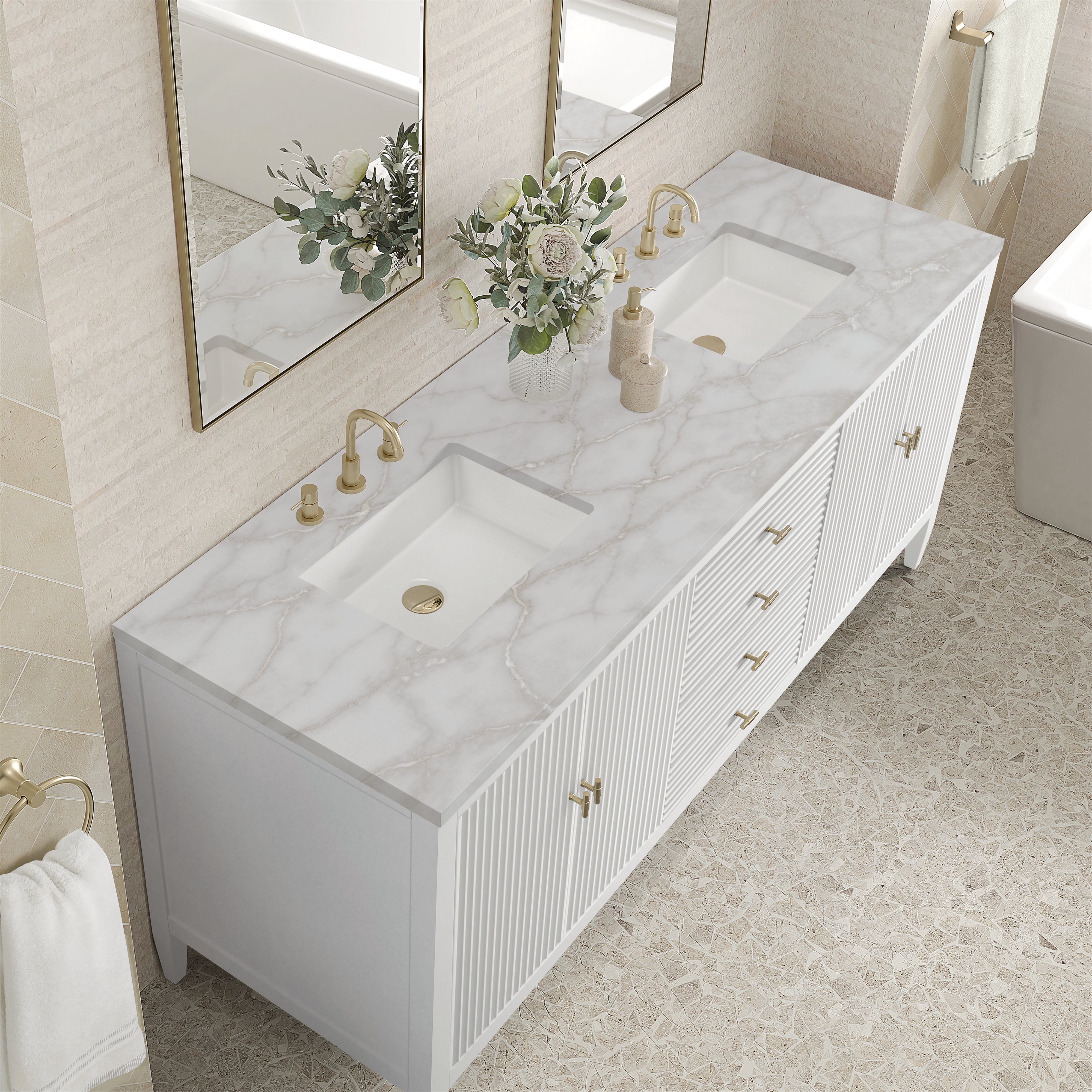 James Martin Myrrin 72" Double Vanity in Bright White with 3cm Countertop