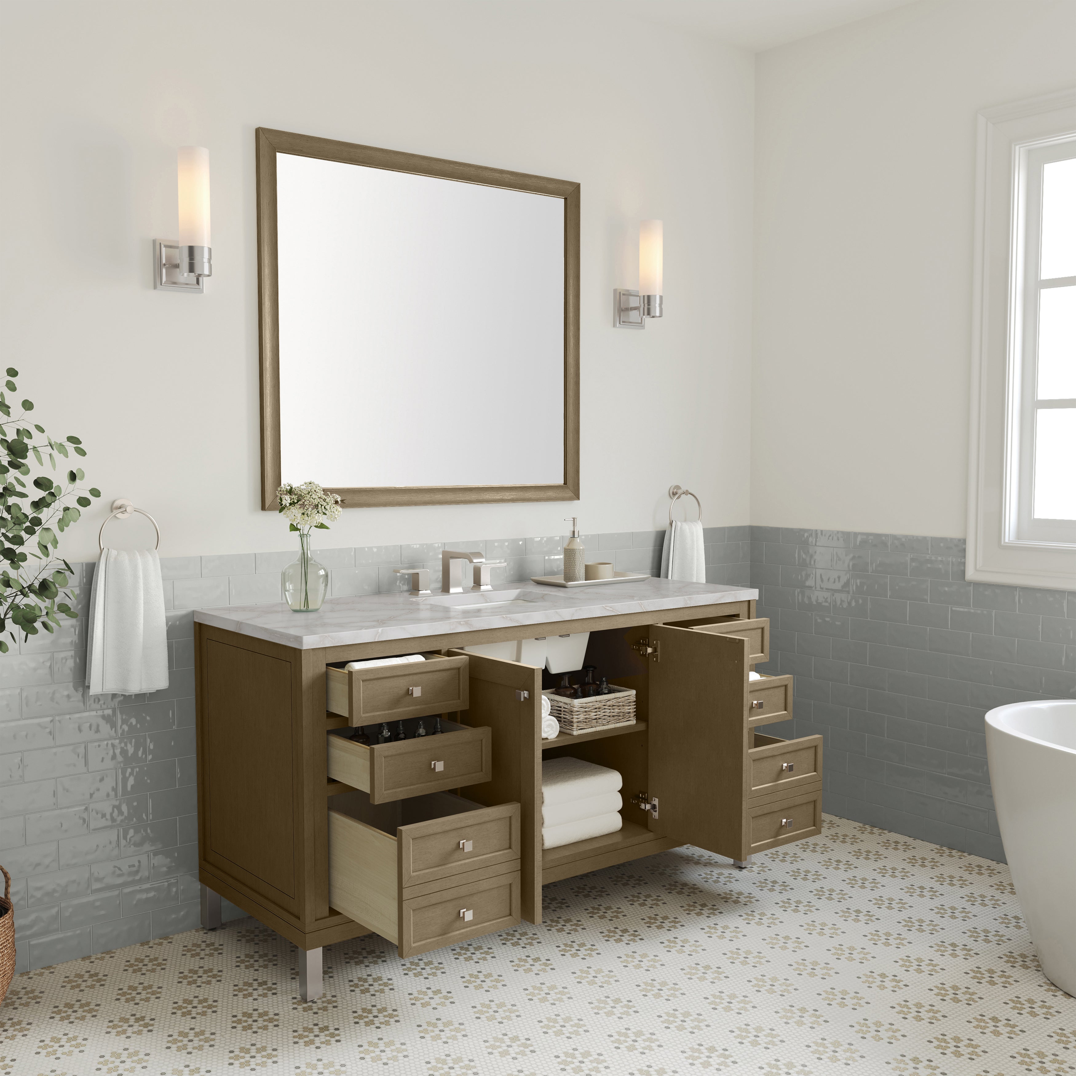 James Martin Chicago 60" Single Vanity in Walnut Whisper with 3cm Countertop and FreePower Wireless Charger