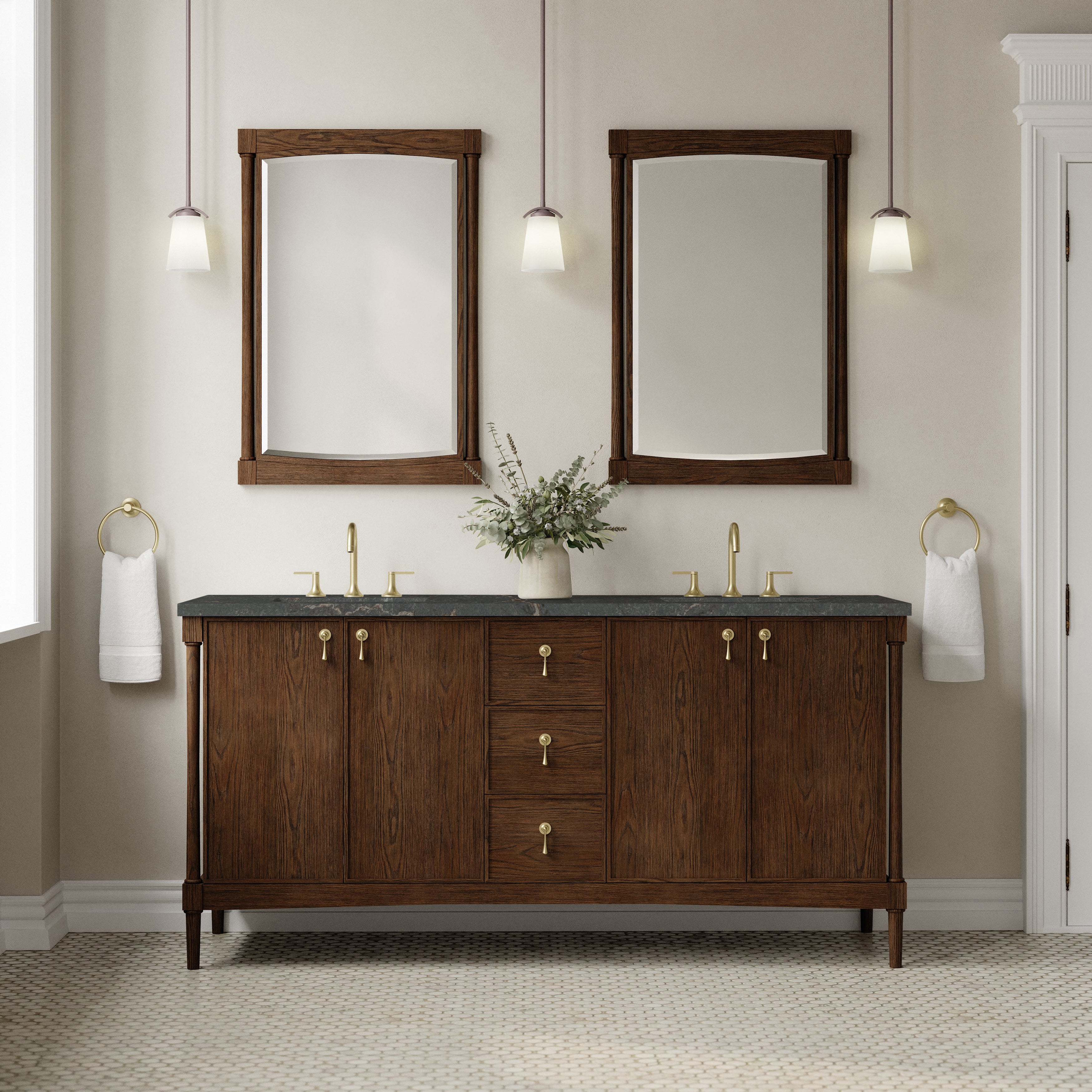 James Martin Kinnsden 72" Double Vanity in Sable Oak with 3cm Carrara Marble Top