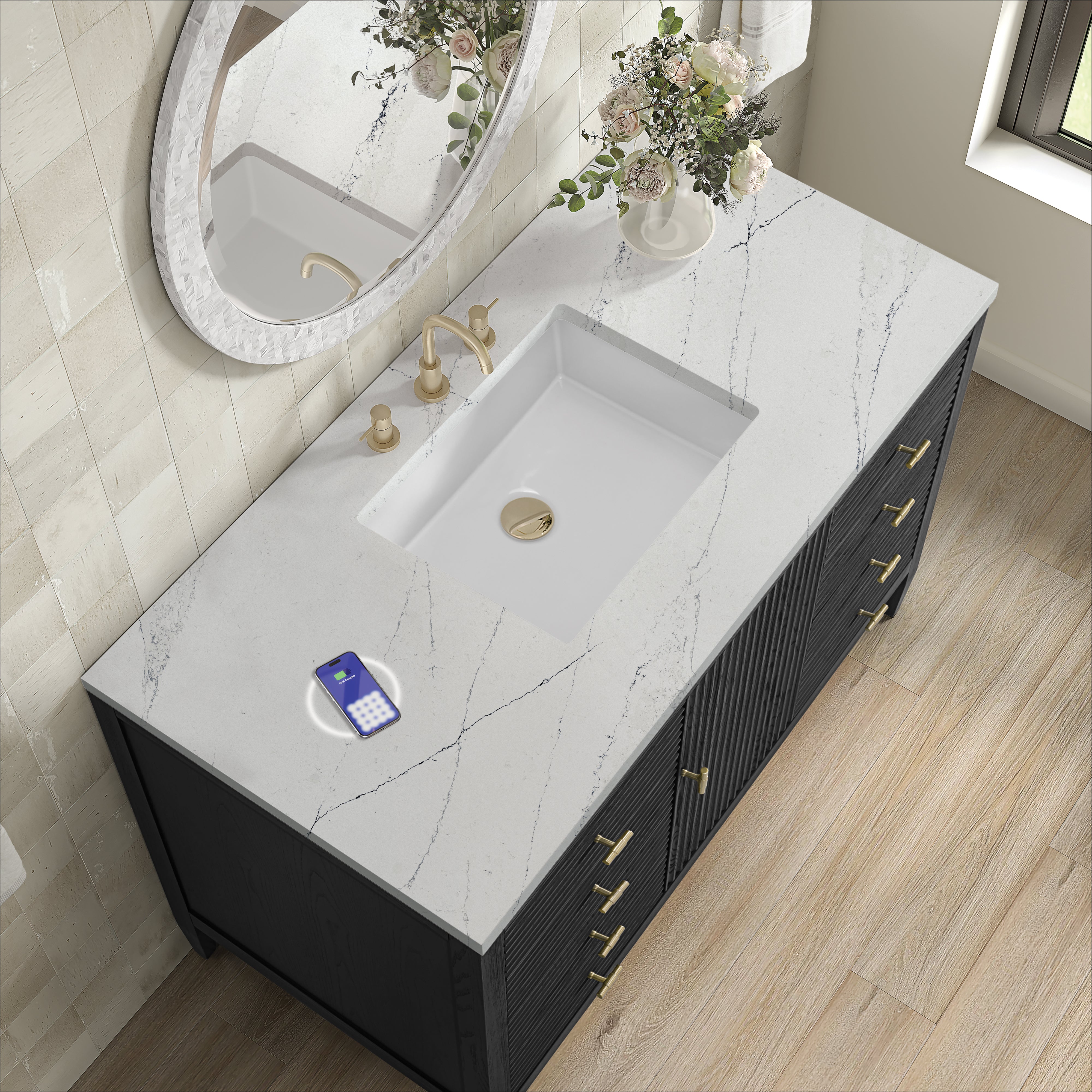 James Martin Myrrin 48" Single Vanity in Carbon Oak with 3cm Countertop and FreePower Wireless Charger