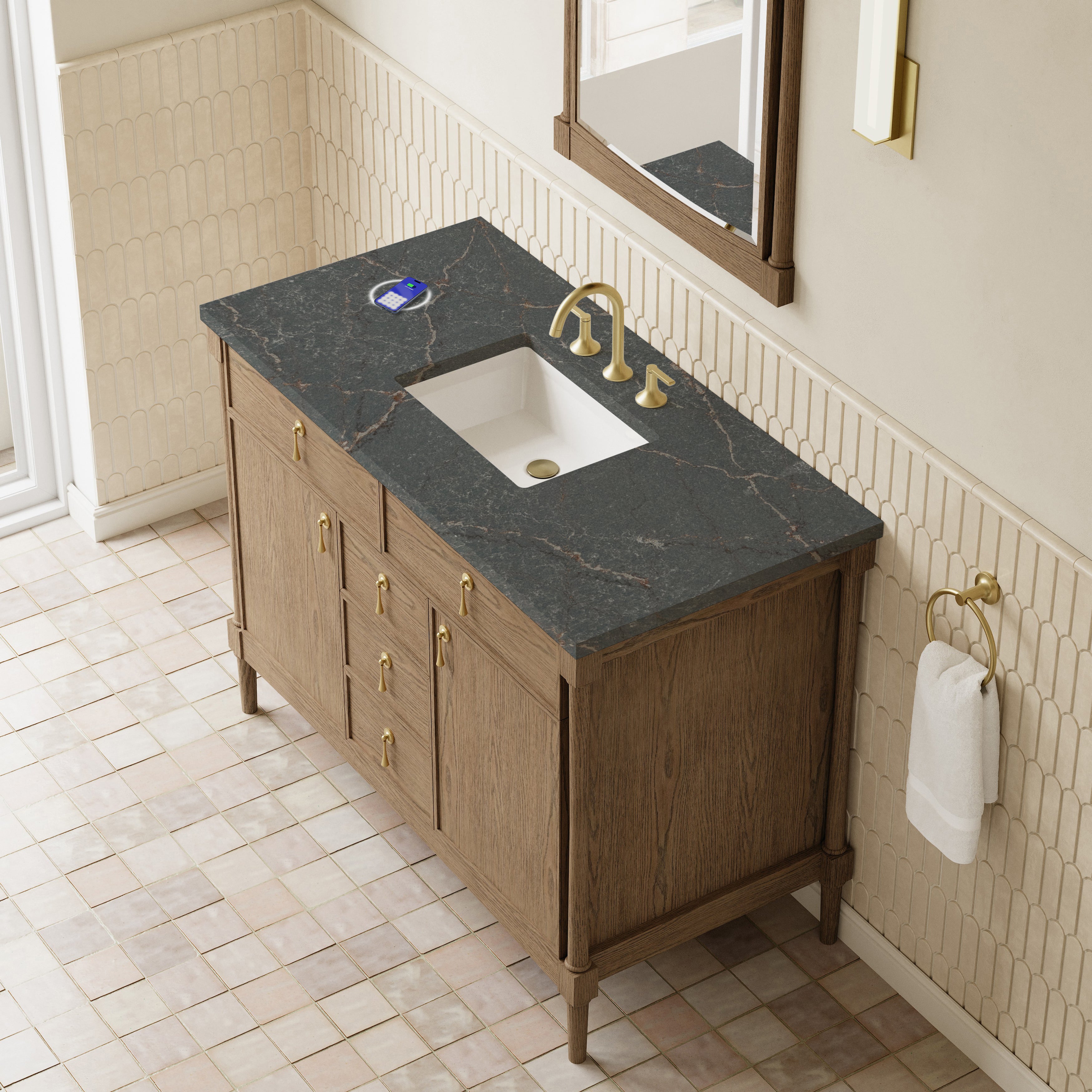James Martin Kinnsden 48" Single Vanity in Weathered Oak with 3cm Countertop and FreePower Wireless Charger