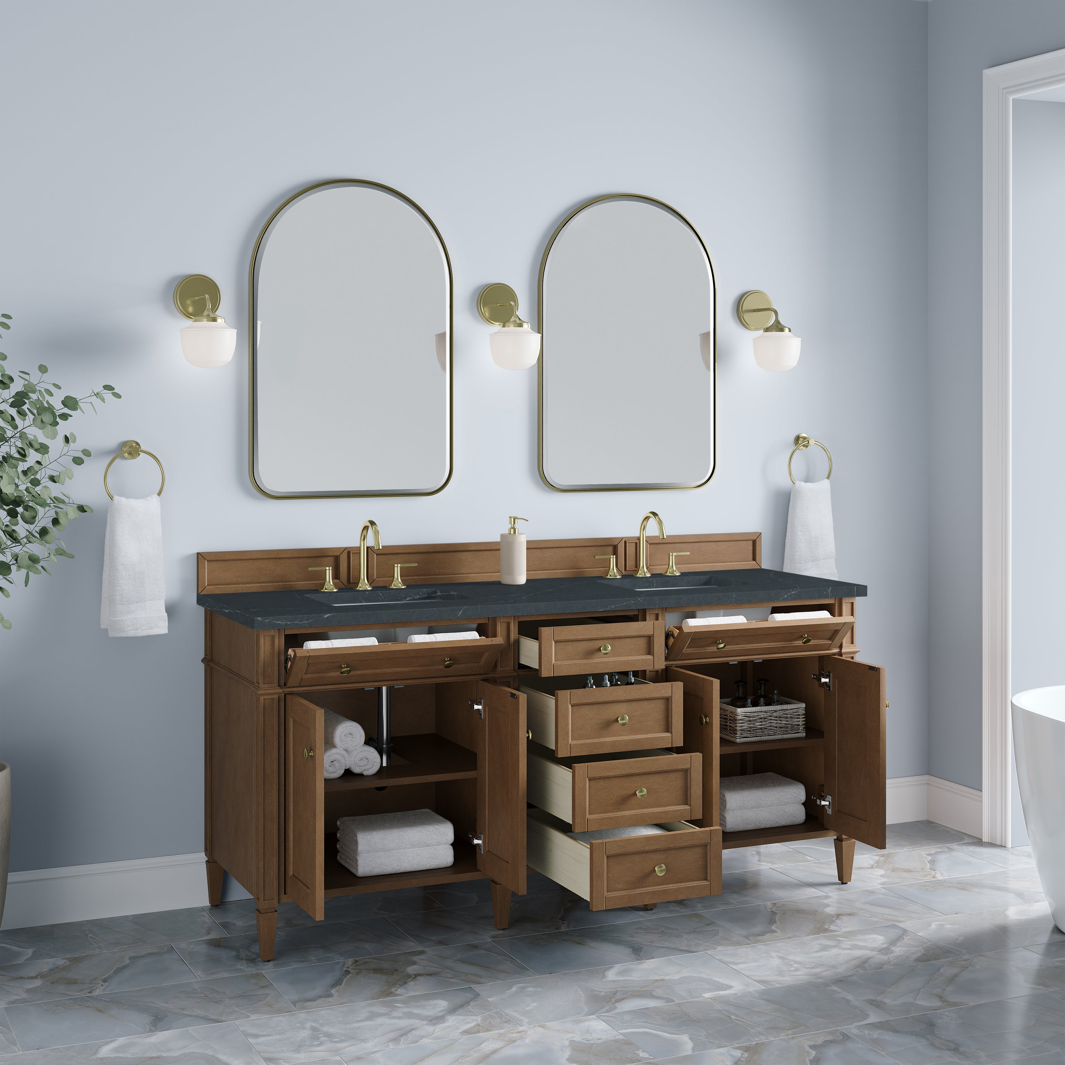 James Martin Brittany 72" Double Vanity in Pecan with 3cm Countertop