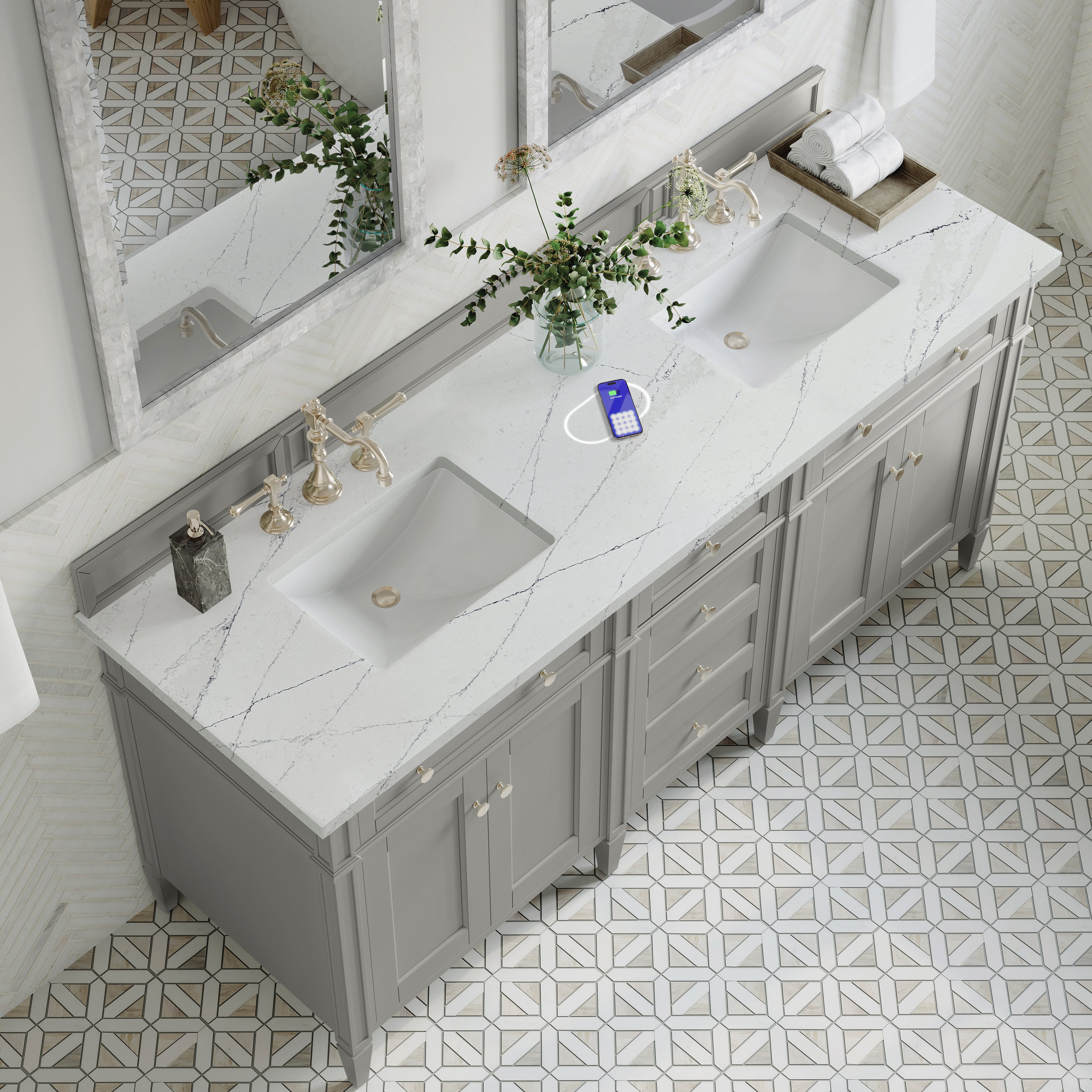 James Martin Brittany 72" Double Vanity in Urban Gray with 3cm Countertop and FreePower Wireless Charger