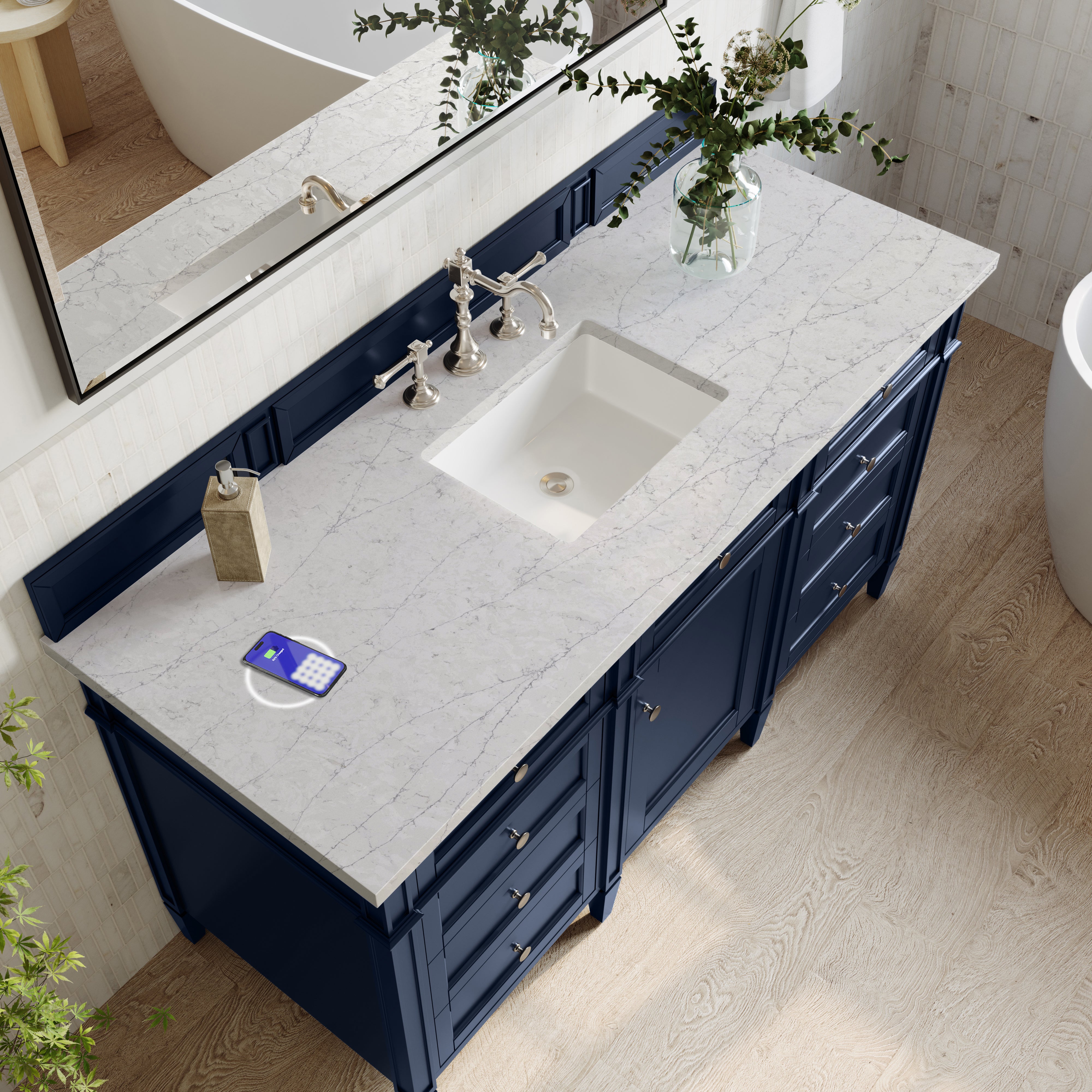 James Martin Brittany 60" Single Vanity in Victory Bleu with 3cm Countertop and FreePower Wireless Charger