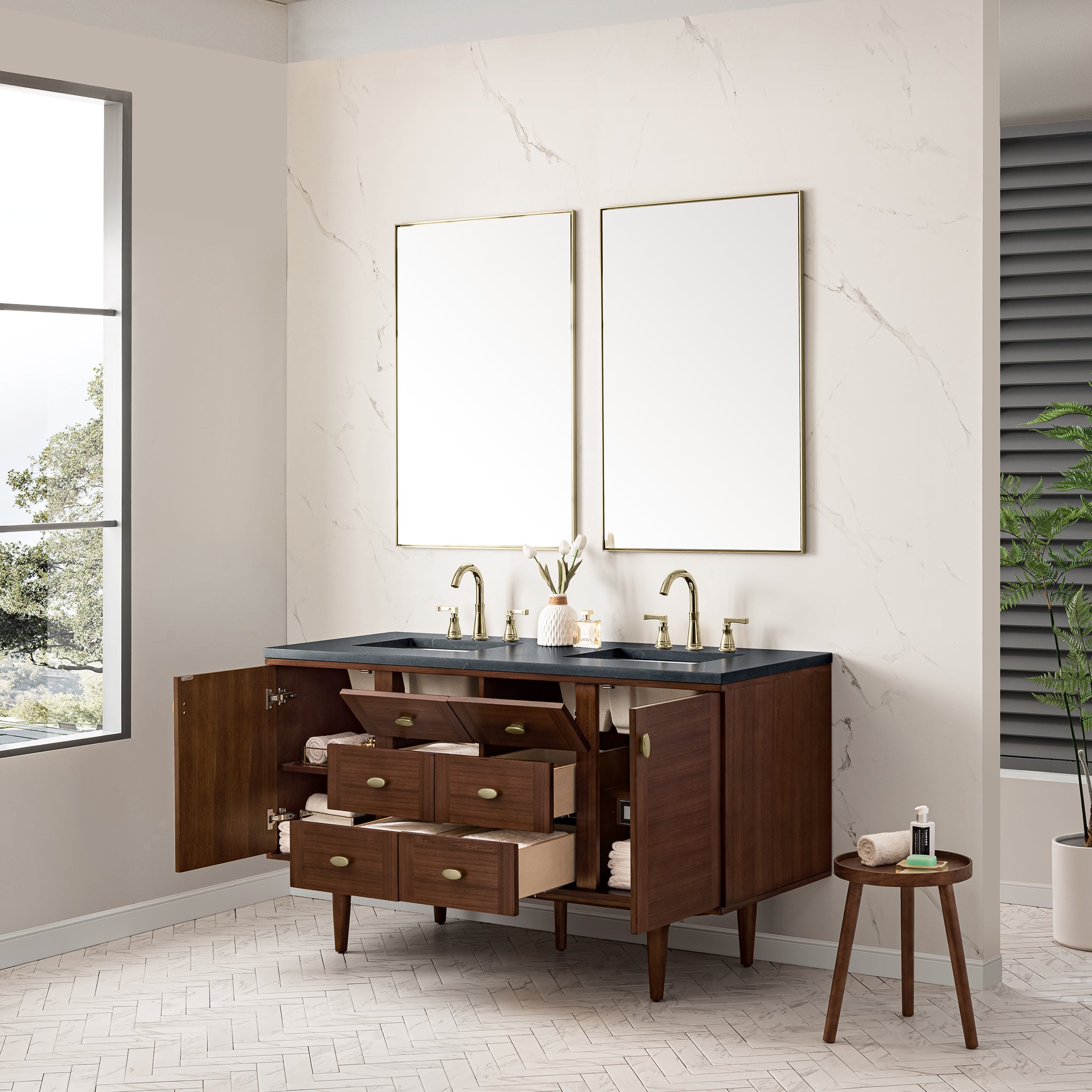 James Martin Amberly 60" Double Vanity in Mid-Century Walnut with 3cm Countertop
