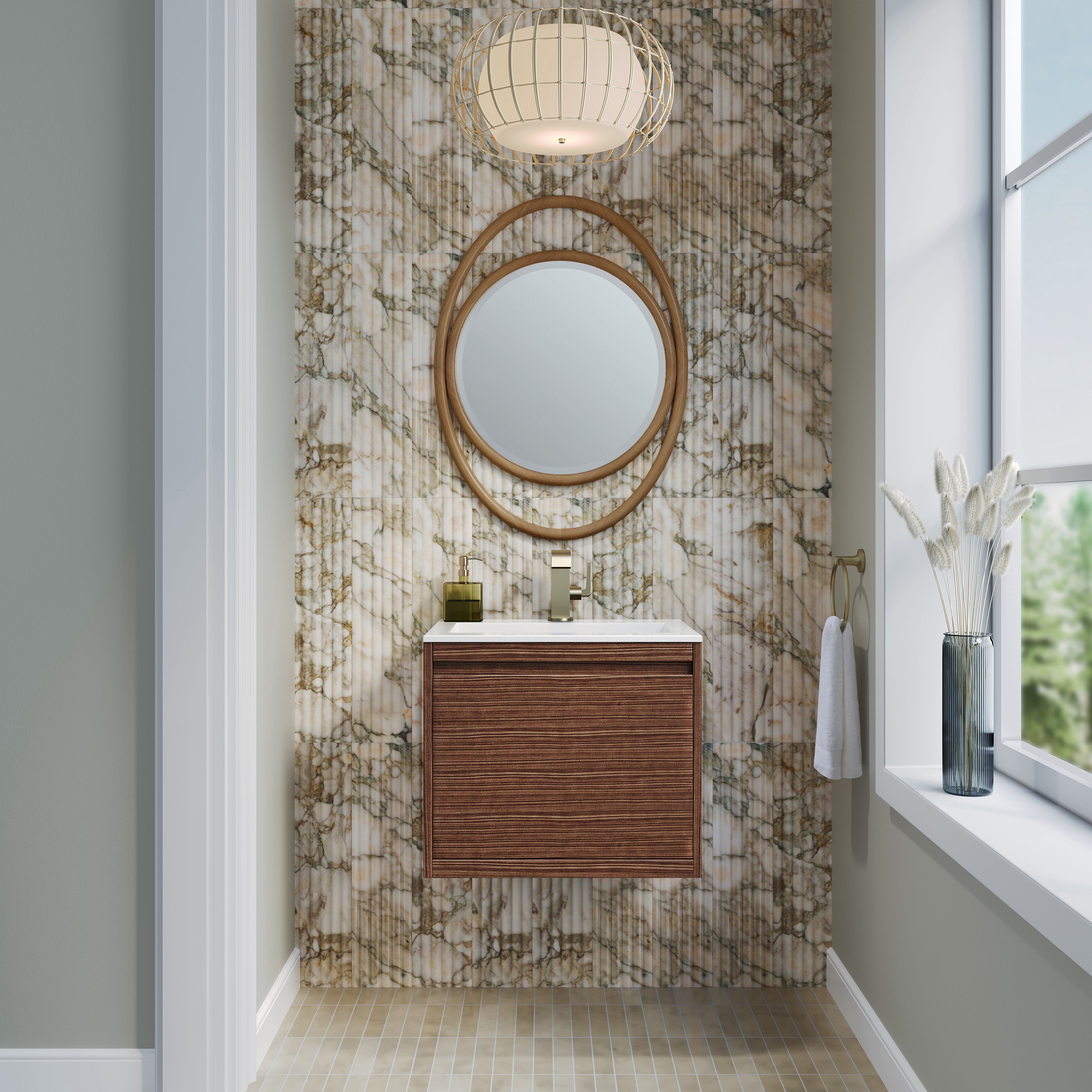 James Martin Mantova 23.6" Single Vanity, Mid-Century Walnut, Champagne Brass Base with Charcoal Black Composite Stone Top