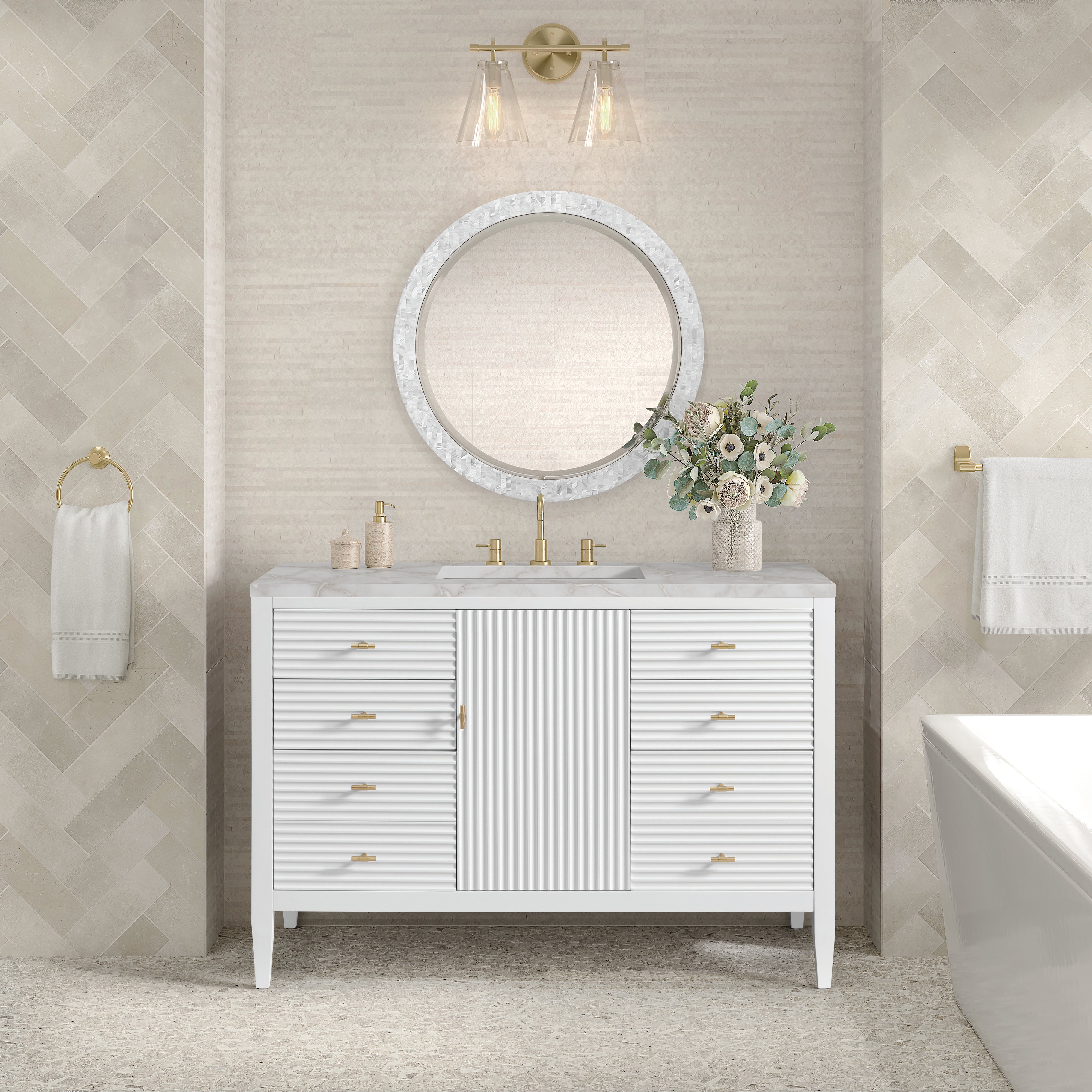 James Martin Myrrin 48" Single Vanity in Bright White with 3cm Countertop and FreePower Wireless Charger
