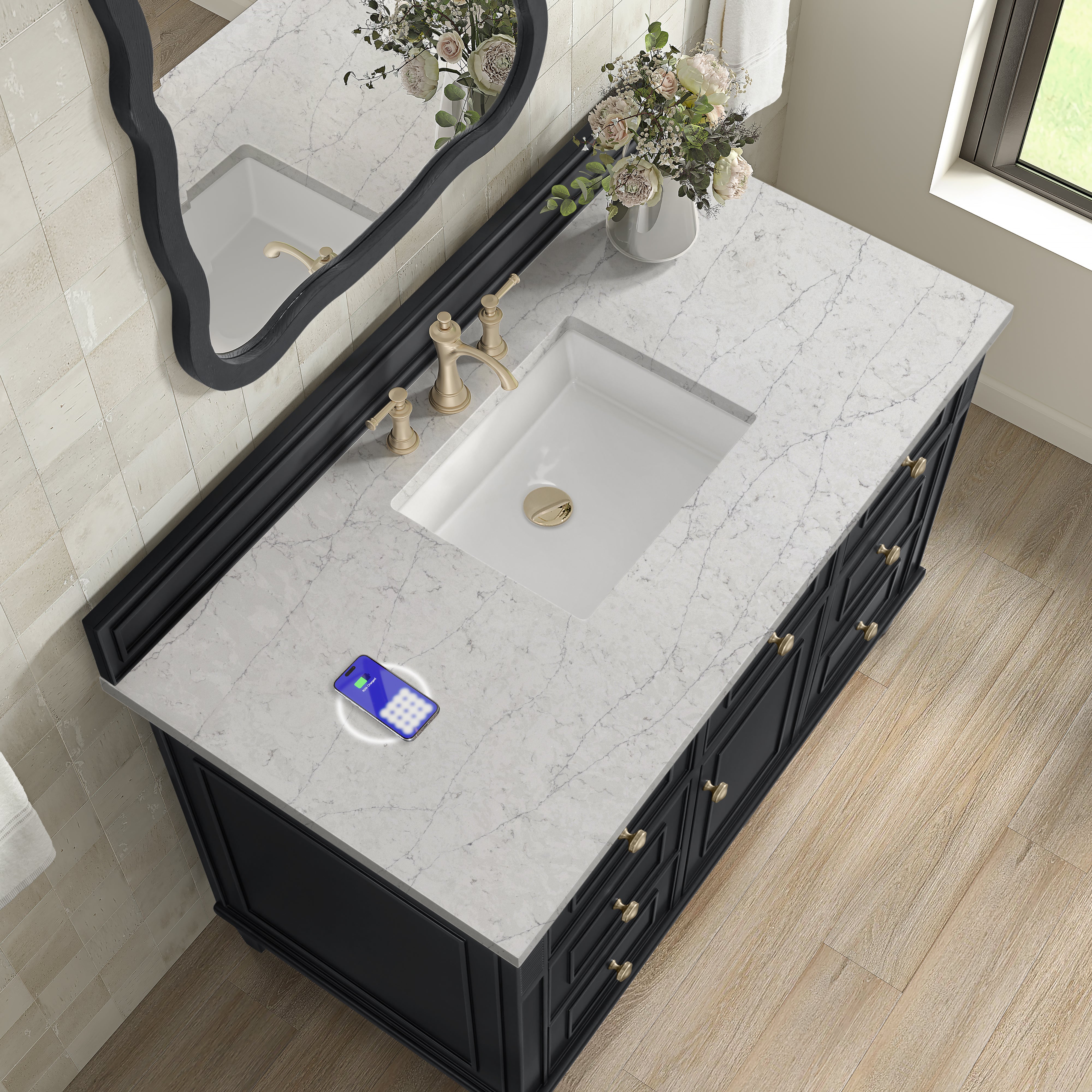 James Martin Lorelai 48" Single Vanity in Black Onyx with 3cm Countertop and FreePower Wireless Charger