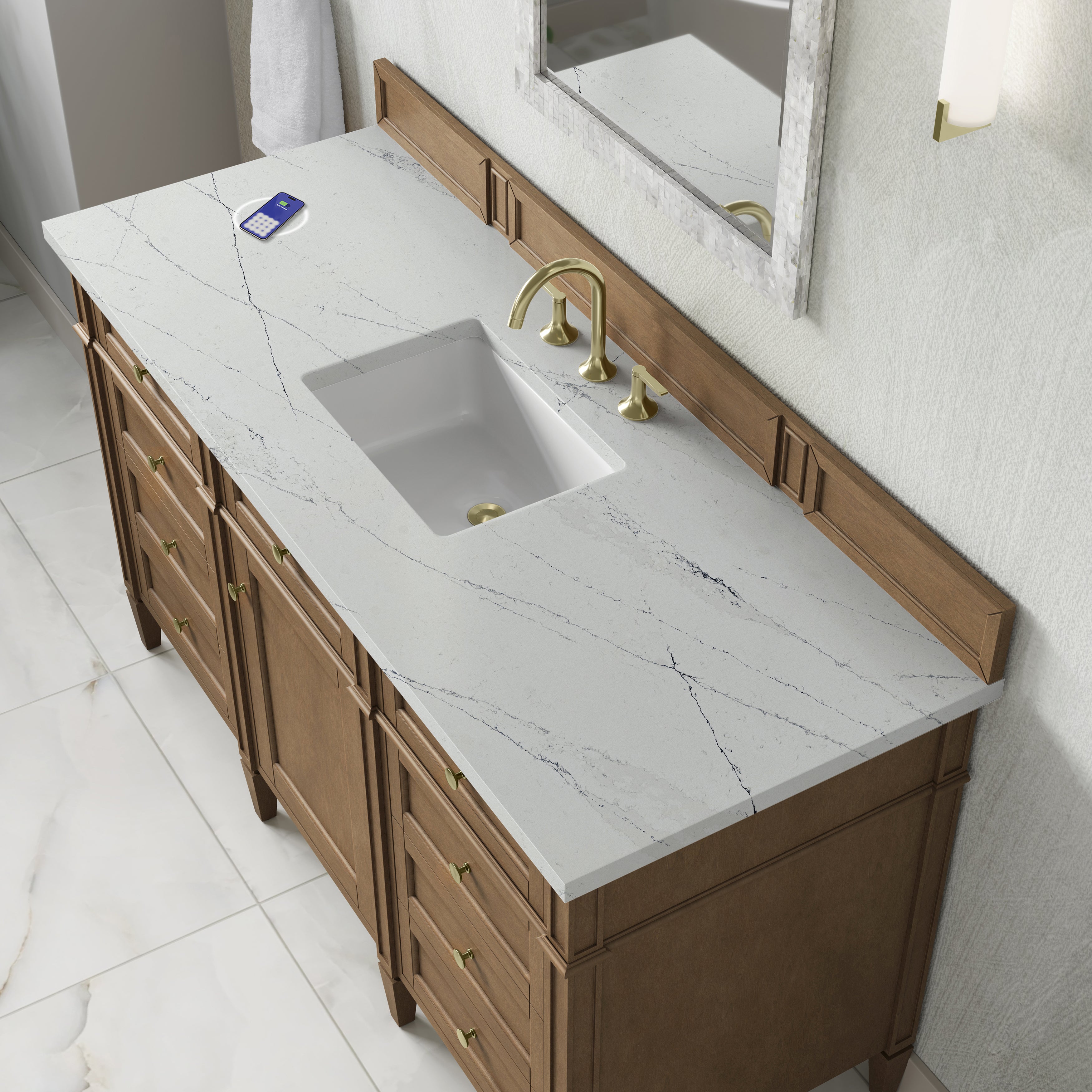 James Martin Brittany 60" Single Vanity in Pecan with 3cm Countertop and FreePower Wireless Charger
